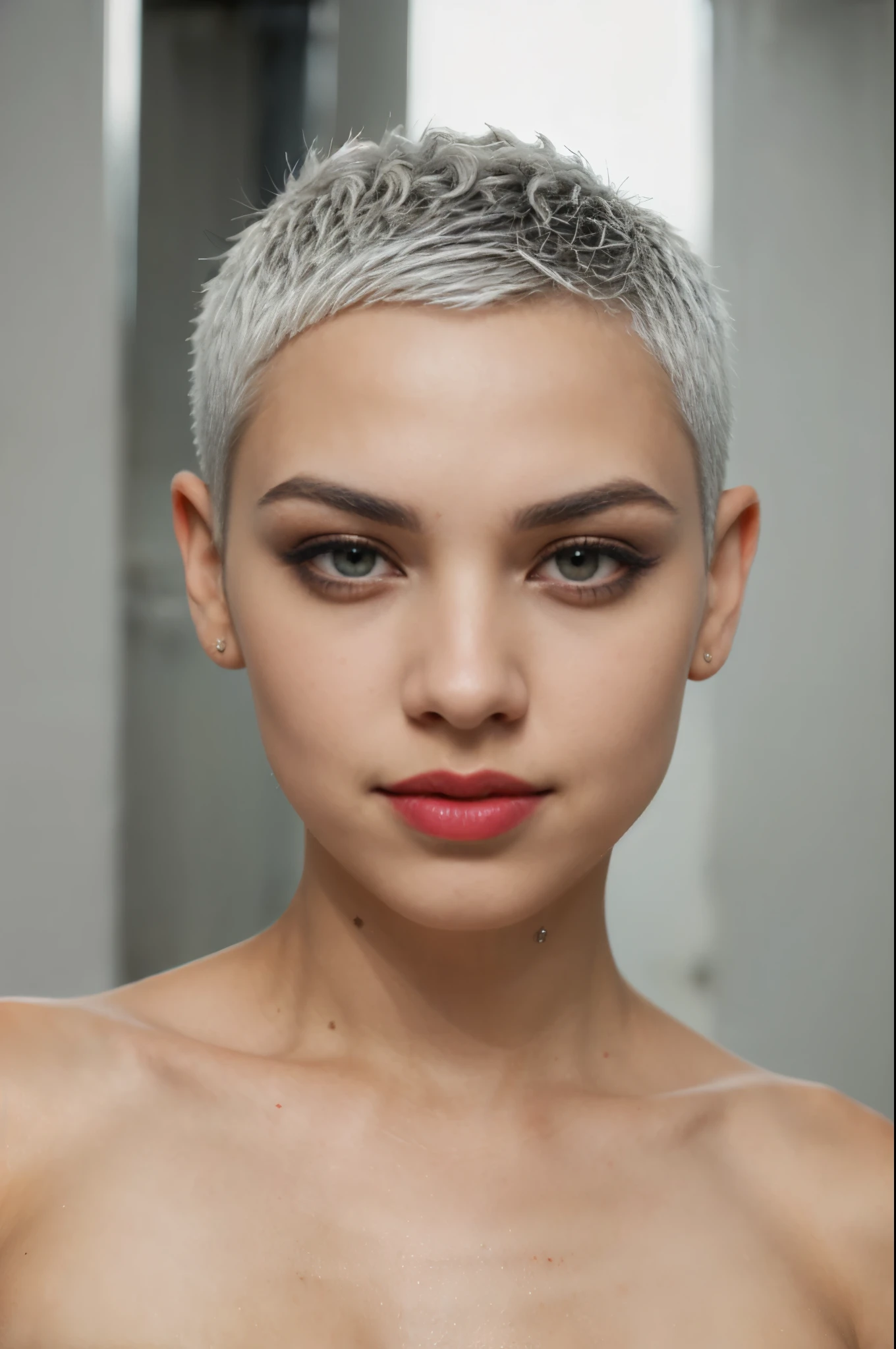 real, arafed persian young woman, (1woman:1.3), (Beautiful Diamond Face:1.3), (slim nose:1.3), (white hair:1.1), (pixie-cut:1.3), (large full lips), (bold thick eyebrows), (hungry eyes:1.1), (charming eyes), (smile:0.7), (half body postrait:1.4), short-cut, black eyes, cute, beautiful, bleached white short hair, Diamond Face, thin nose, heart shaped lips, lip gloss, shaded out eyes with a long black mascara, detailed eyes, moody, intriguing eyes, short white hair shaved sides, devil queen, looking aroused, brunette with hot, melanie martinez, zoe kravitz, rich colors, red lips, confused, evil, depth of field, bokeh, Canon, blurry, backlighting, masterpiece, 16k, 8k, 4K, HD, UHD, retina, best quality