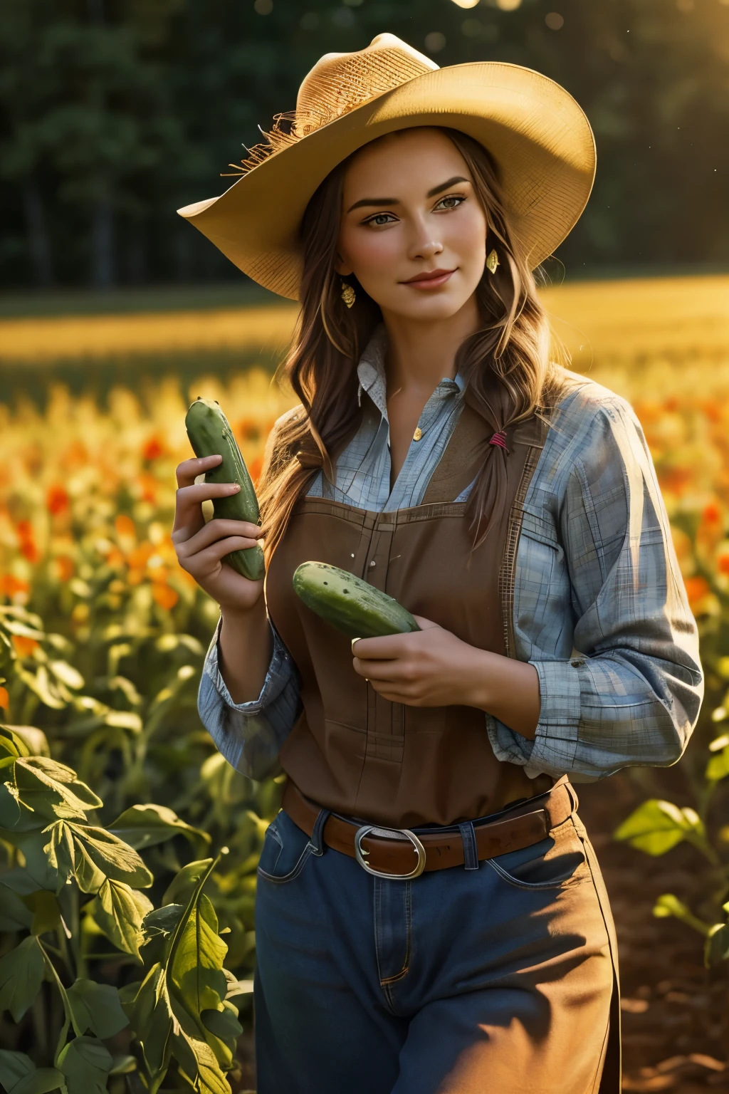 analog photo,photo RAW,(
peasant woman in the field, little smile, holds long cucumber in her hand, cowgirl clothes, seductive pose, look to camera,(bokeh:1.1)
),award winning photography,hyper detailed, intricate, extremely beautiful, photo realistic, rich colours, dark shadows,masterpiece, best quality, highly detailed, natural lighting, beautiful detailed, insanely intricate details, perfect lighting, incredible detail, hypermaximalistic, natural balance color, 8k, ultra detailed, beautiful and aesthetic, extremely detailed, elegant, atmospheric