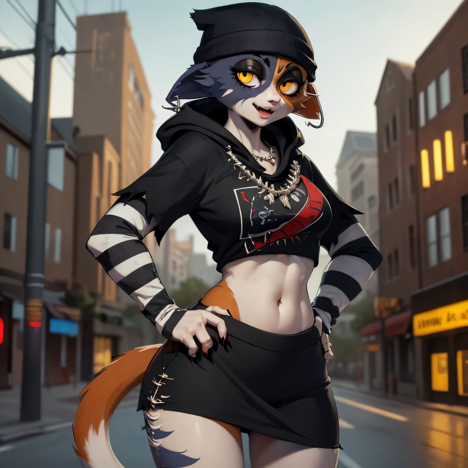 best quality, masterpiece:1), solo, (shaded face:1.2), furry female anthro meowskulls, (pink nose:1.3), (yellow eyes, white sclera, Black pupil), standing, tail, smile, looking at viewer, open mouth, necklace, wide-eyed, beanie, fish hook piercing, (city background background:1.1), day, outdoors, street, yellow eyes, navel, wide hips, (hands on hips), beatiful detailed eyes, Black hoodie, striped sleeves, miniskirt, red skirt, striped legwear, cat tail, tail,