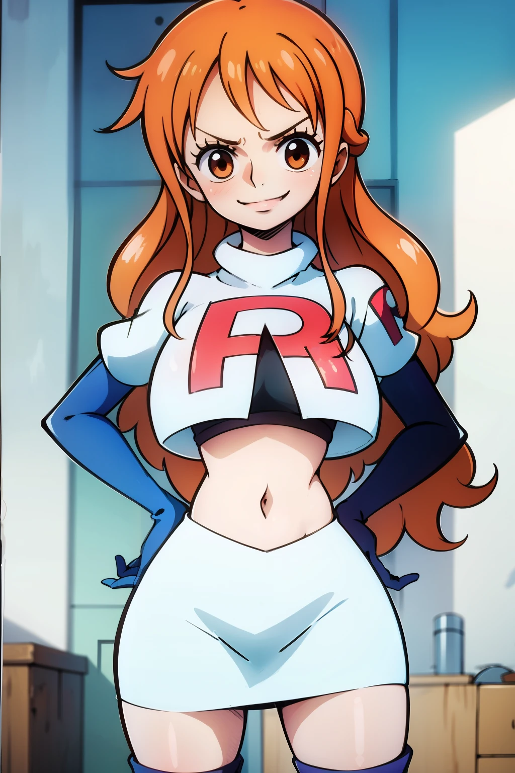 orange hair, long hair ,glossy lips, light makeup ,team rocket,team rocket uniform, red letter R, white skirt,white crop top,black thigh-high boots, black elbow gloves, evil smile, hands on hips