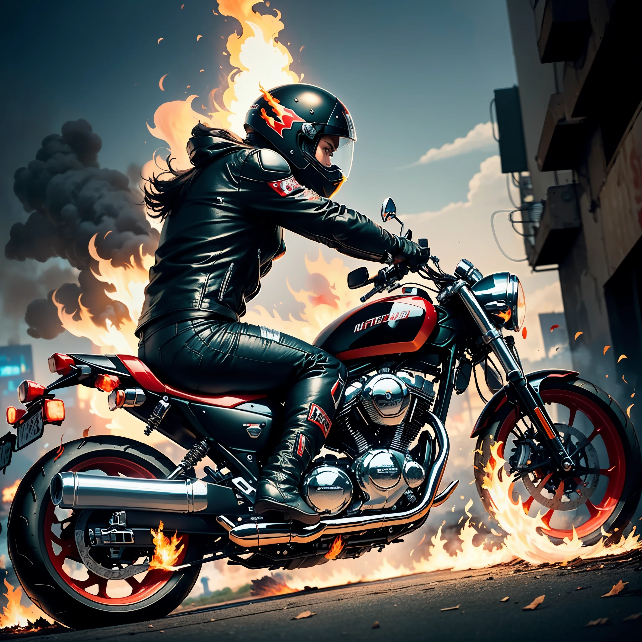 Motorcycle rider in leather outfit riding on a motorcycle with flames ...