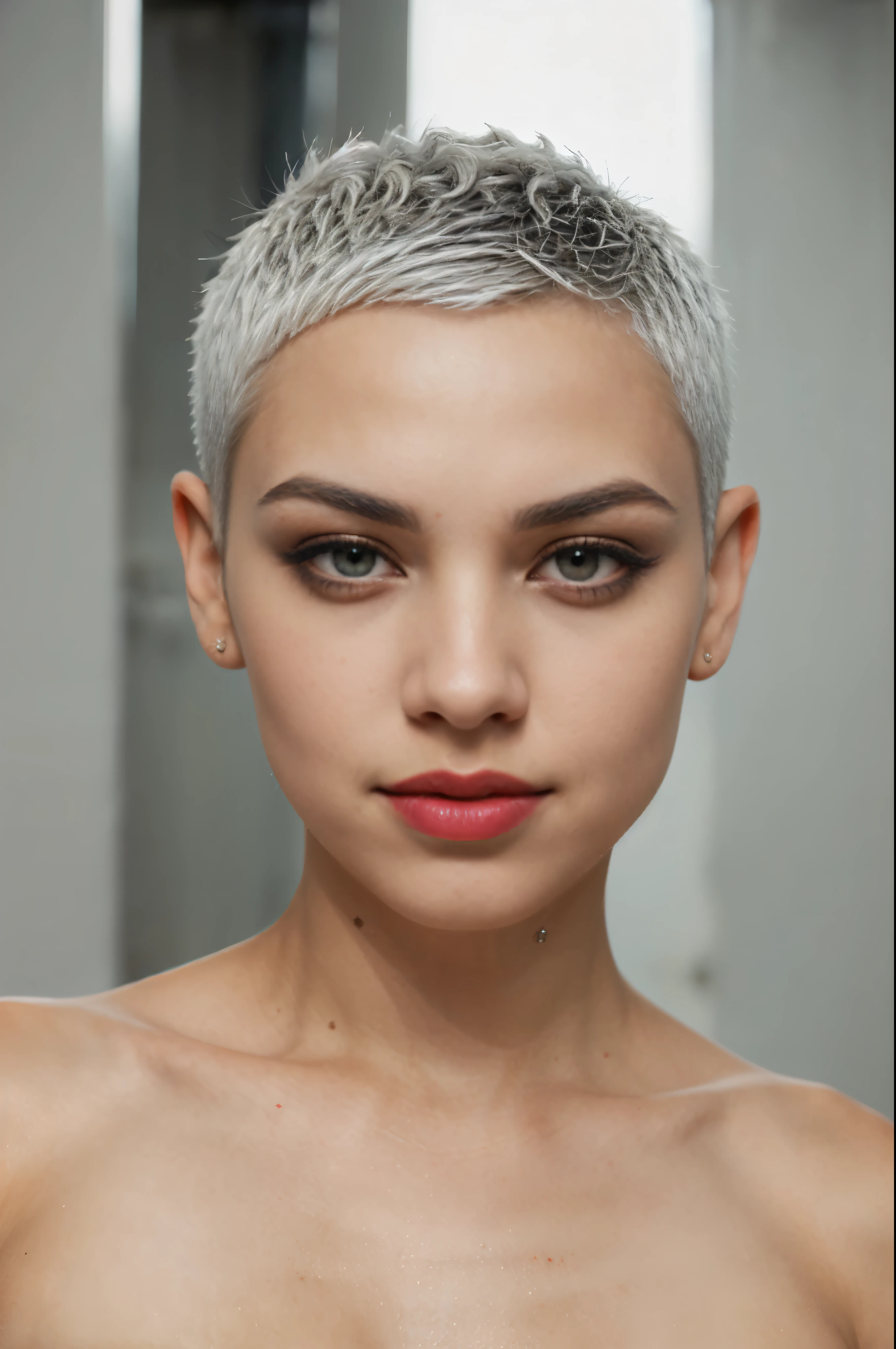 real, arafed persian young woman, (1woman:1.3), (Beautiful Diamond Face:1.3), (slim nose:1.3), (white hair:1.1), (pixie-cut:1.3), (large full lips), (bold thick eyebrows), (hungry eyes:1.1), (charming eyes), (smile:0.7), (half body postrait:1.4), short-cut, black eyes, cute, beautiful, bleached white short hair, Diamond Face, thin nose, heart shaped lips, lip gloss, shaded out eyes with a long black mascara, detailed eyes, moody, intriguing eyes, short white hair shaved sides, devil queen, looking aroused, brunette with hot, melanie martinez, zoe kravitz, rich colors, red lips, confused, evil, depth of field, bokeh, Canon, blurry, backlighting, masterpiece, 16k, 8k, 4K, HD, UHD, retina, best quality