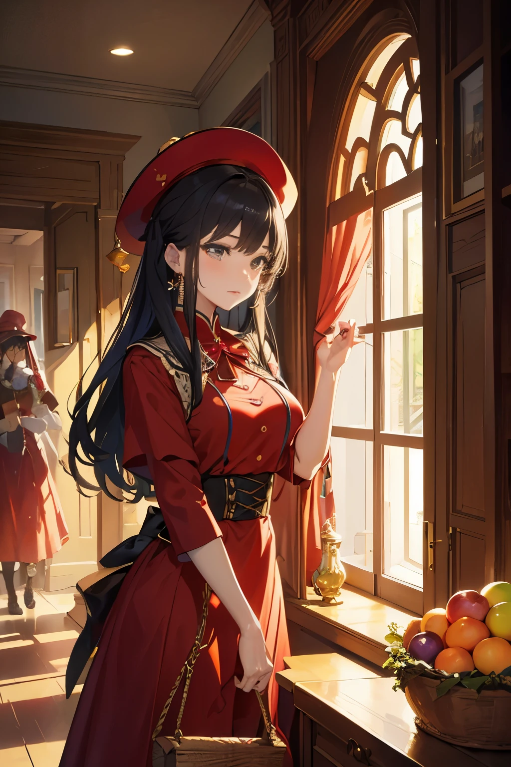 Book case,Quiet and harmonious atmosphere,Dramatic composition,Warm color palette,Correct anatomy,详细的脸, A detailed eye,(Girls wear:red and gold dress,Hat,laced dress yellow Hat, cloaks, big bust bra, a skirt, Red dress,Carrying a basket of fruit),Background with:allure,natural lightting, Candy House,a fairy world,((Sexual suggestiveness)),Attractions,(post impressionist),rich colourechin Oil Painting - Fechin Oil Painting , oil painted),
