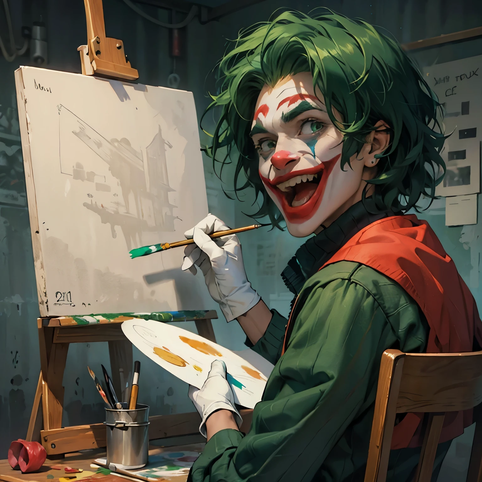 (((best quality)), ((masterpiece)), (detailed),illustration, HD), joker making a painting on a blank canvas, wearing big green afro wig,  eyes filled with excitement, laughing madly, exaggerated expression, wearing white gloves, looking at viewer, ((blank canvas))