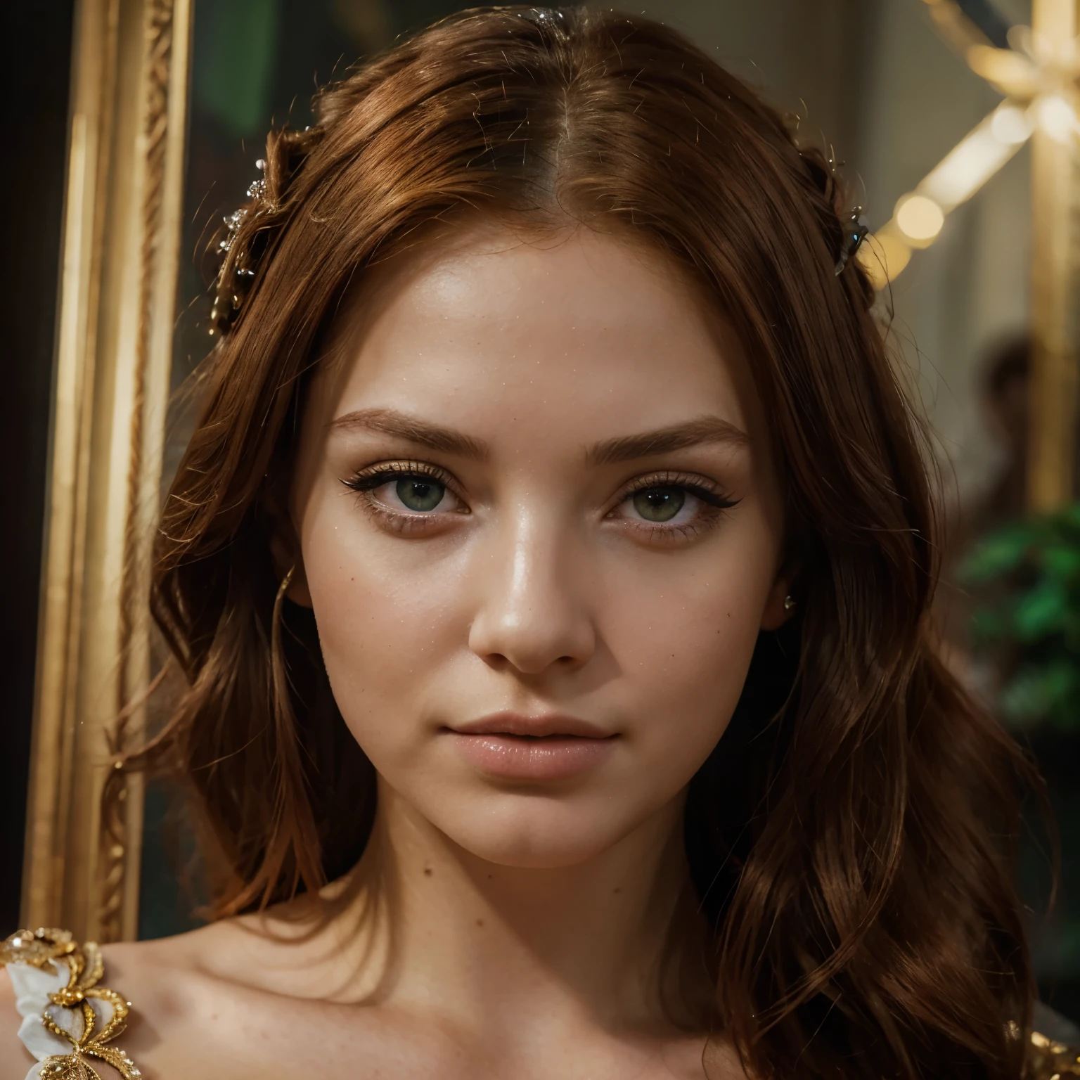 a red haired young woman, green eyes, black dress, crown, beautiful detailed eyes, beautiful detailed lips, extremely detailed eyes and face, long eyelashes, (best quality, 4k, highres, masterpiece:1.2), ultra-detailed, realistic:1.37, HDR, studio lighting, vivid colors, portraits, sharp focus, bokeh, oil painting, castle background, golden light