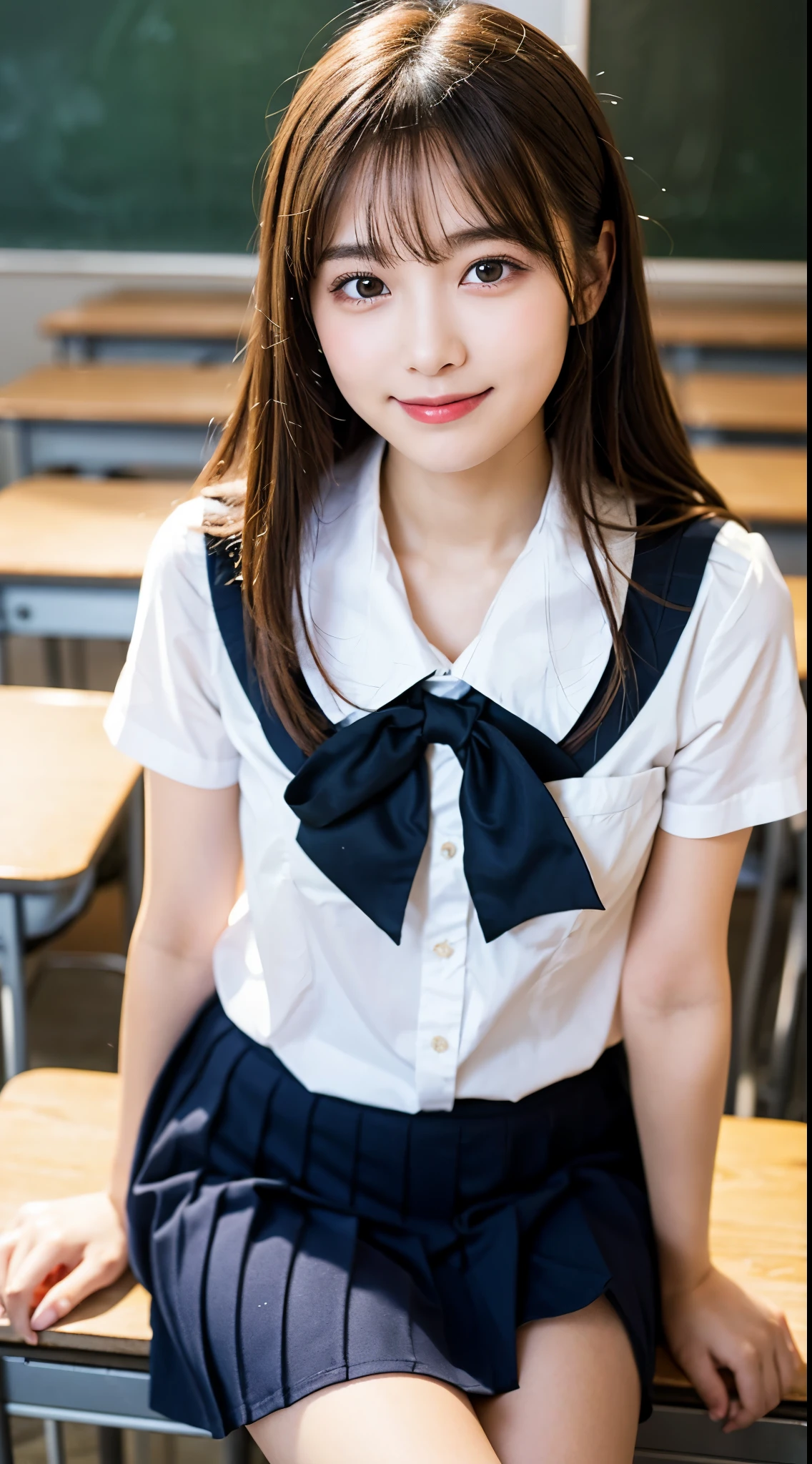 Seed value 4127110832,((1 Young and beautiful girl: 1.4)),(8K, Raw photography, Best Quality, masutepiece: 1.2),Cinematic Light,Brown hair,Beautiful detailed eyes,Huge breasts, Light makeup,(detail face:1.3),(Bright smile),(wearing trendy school uniform:1.3),(classroom with friends in the background:1.3),(leaning against a desk casually:1.3),(eye-level angle)
