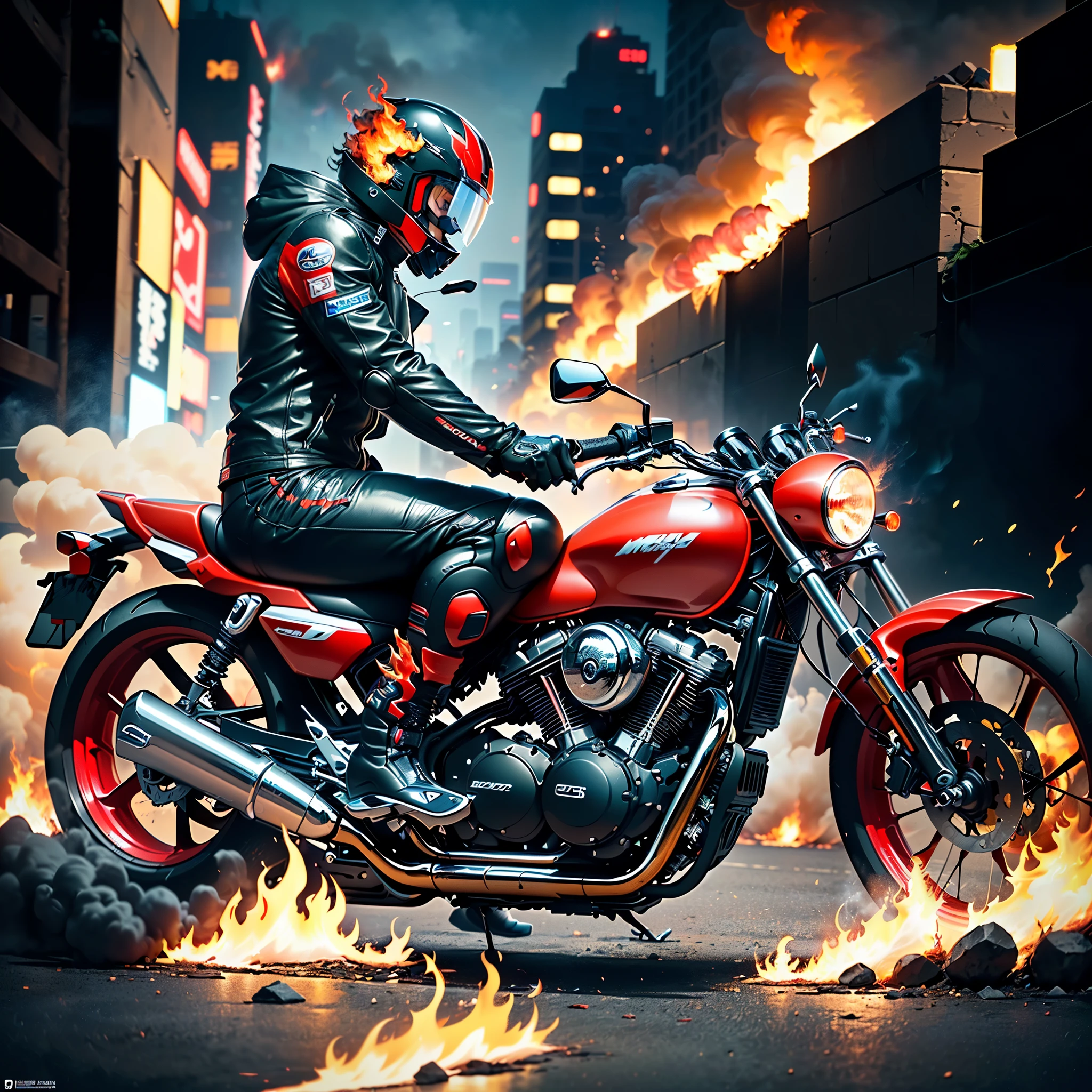 motorcycle rider with a helmet on and a red and black bike, cyberpunk flame suit, on fire, motorcycles, amazing fire art, motorbiker, ghost rider, sitting on cyberpunk motorbike, motorcycle, riding a futuristic motorcycle, intense flames, extreme sports photography, 8 k highly detailed, riding a motorcycle, red flames, flame thrower