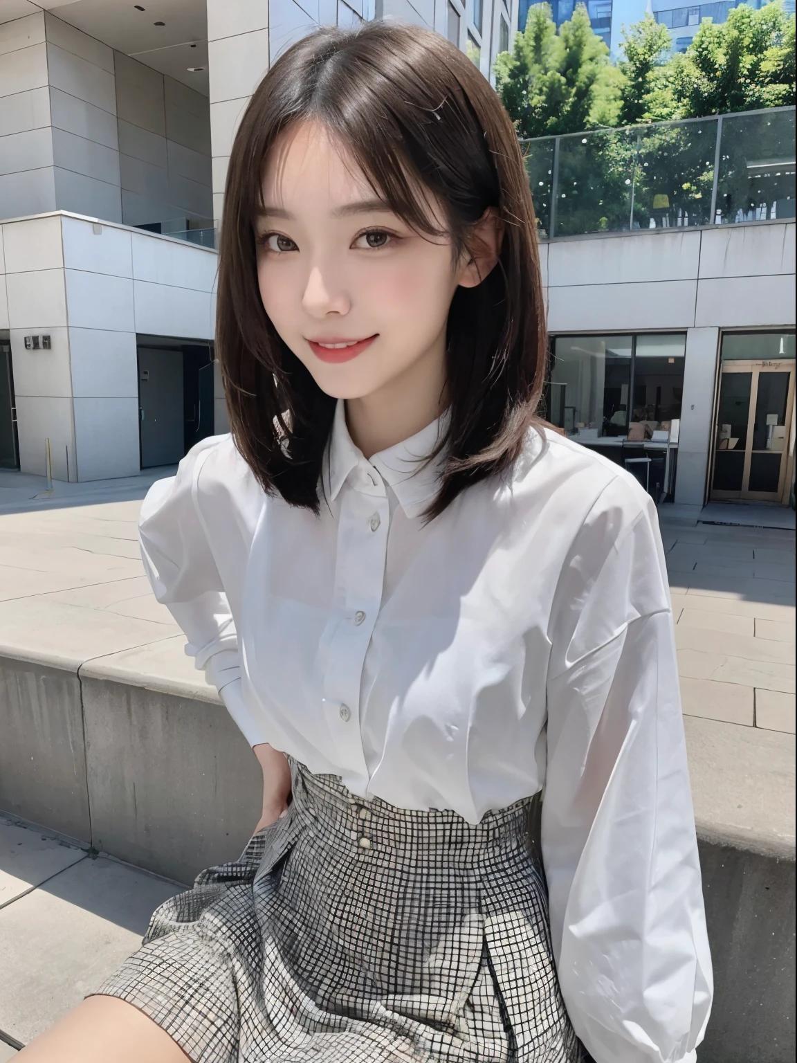 ((top-quality、in 8K、masterpies:1.3))、1girl in、Beautiful woman with slim abs accent:1.3、Super Detail Face、Delicat eyes、二重まぶた、full body Esbian、poneyTail、20yr old、Brown hair、summer clothing、skirt by the、is standing、Holding a bag、A smile、Putting out teeth