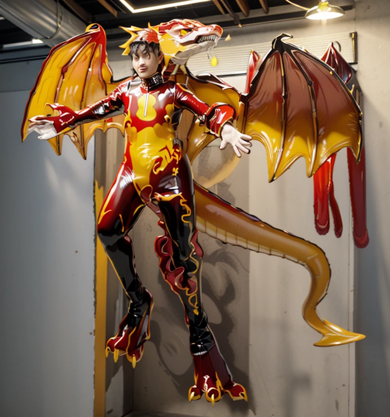 Solo front full body portrait Three-headed character kawaii girl a smile Red-haired red dragon wings red dragon horn red dragon tail Red Bikini