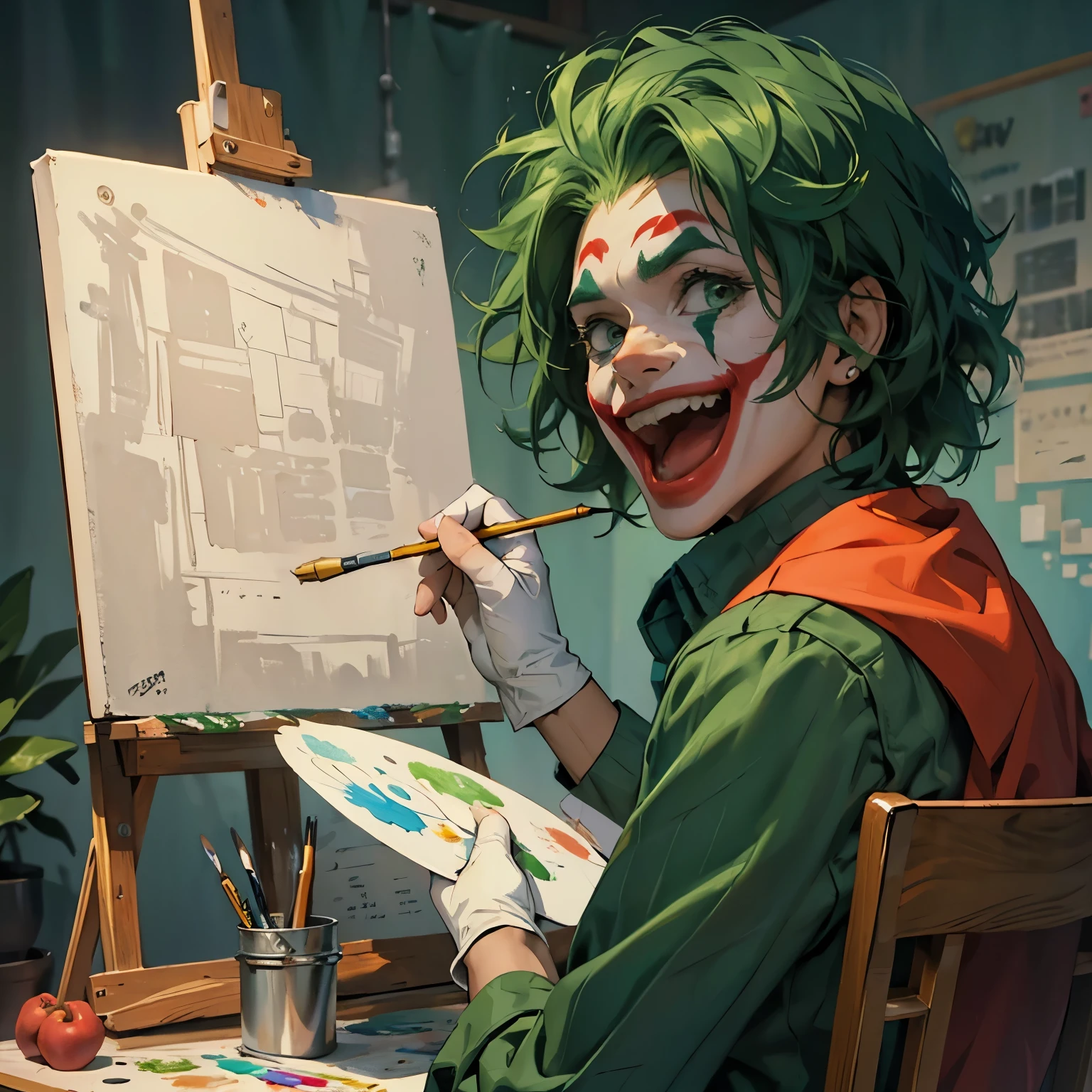 (((best quality)), ((masterpiece)), (detailed),illustration, HD), joker making a painting on a blank canvas, wearing big green afro wig,  eyes filled with excitement, laughing madly, wearing white gloves, ((blank canvas))