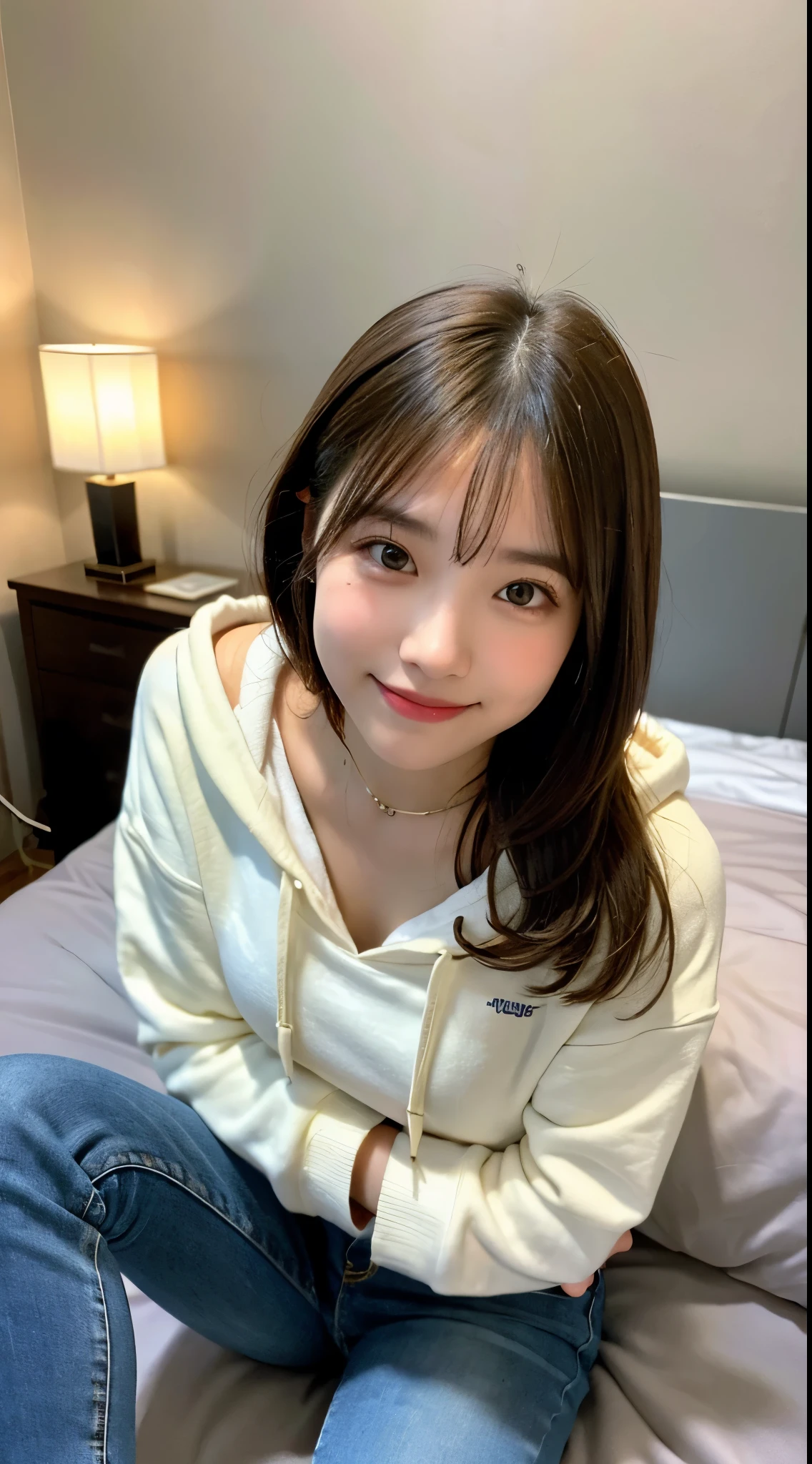 Seed value 4127110832,((ung and beautiful girl: 1.4)),(8K, Raw photography, Best Quality, masutepiece: 1.2),Cinematic Light,Brown hair,Beautiful detailed eyes,Huge breasts, Light makeup,(detail face:1.3),(Serene smile),(casual hoodie and jeans:1.3),(home setting with cute decor:1.3),(sitting cross-legged on a bed:1.3),(from above)