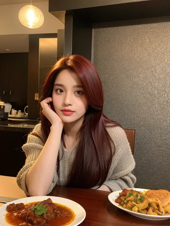 Pakistani girl ,burgundy hair ,holding plate with curry food ,looking at camera, high resolution photograph