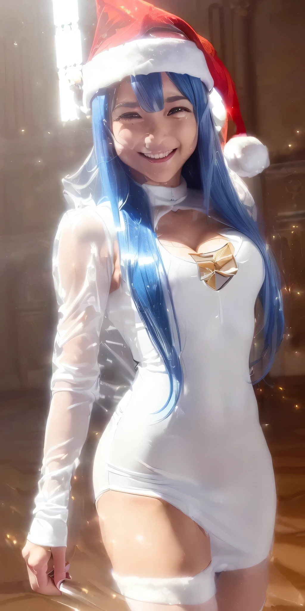 (((profesional: paso a paso, taking into account even the smallest detail, Resultado final a nivel de Dios, todo el cuerpo con detalles intrincados, solo 2 chicas, Disparo de vaquero))): "(1girl, sonrisa loca, ojos cerrados sonrisa feliz, Cabello largo, cabello azul claro, ojos azules, senos medianos, Long transparent white tight latex dress, tocado blanco y dorado:1.3), (captura de pantalla del drama, IDOLEM@estilo ESTER:1.3), (castle hall, particle lighting, bajo el viento, action shot, Dynamic Angle, primer plano, Desenfoque de movimiento, motion lines:1.4), (cosplay de santa transparente, preparando fiesta:1.8), Slim build"