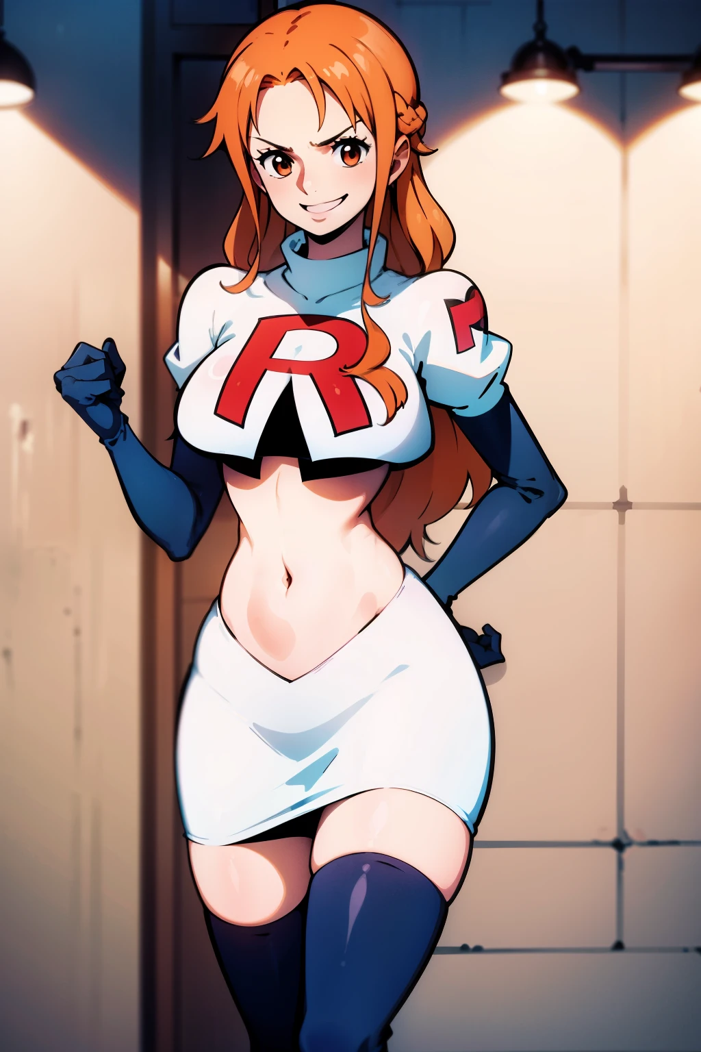 thicc thighed and ass mucho grande, jesse from team rocket with her long maroon hair, wet and posing seductively for viewer, beautiful big eyes