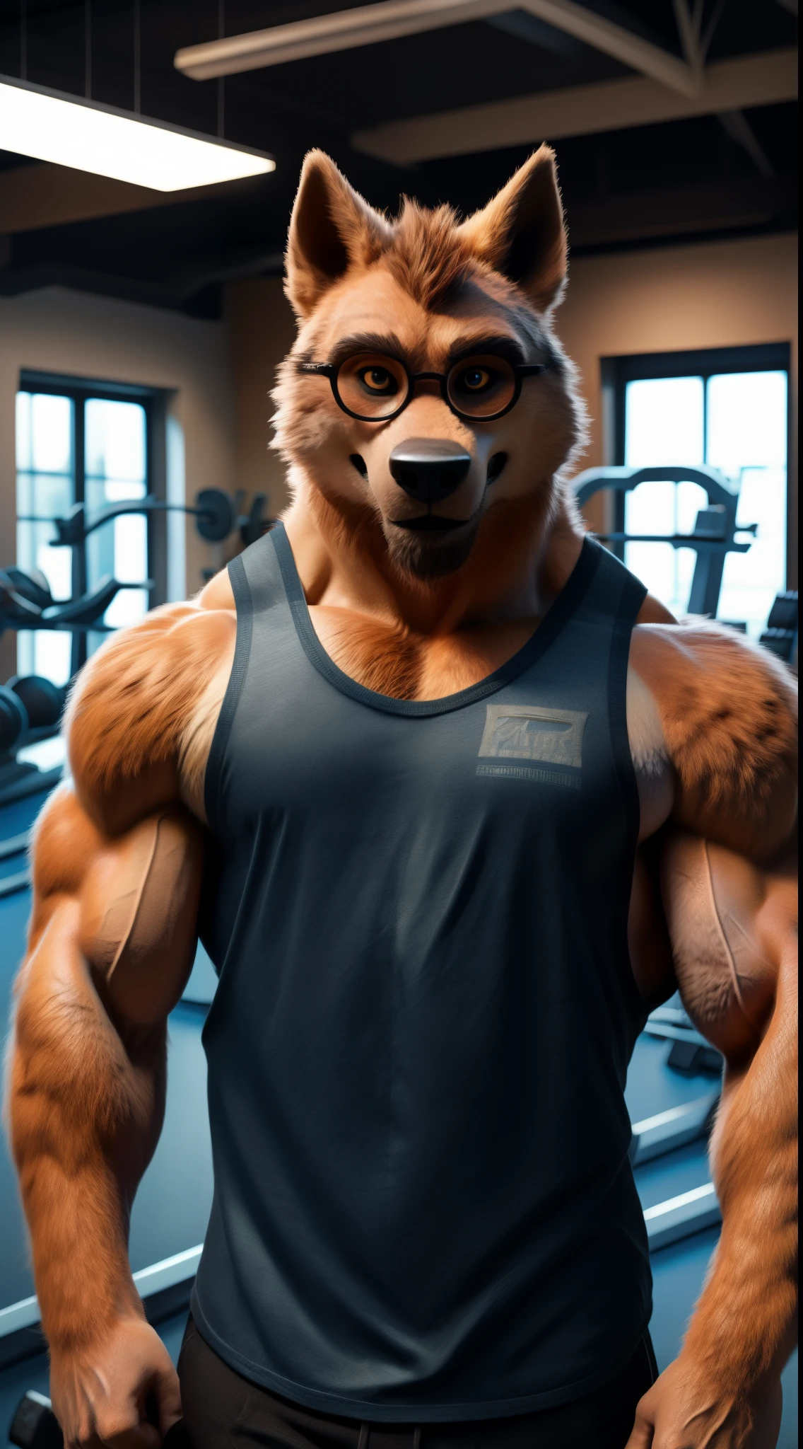 handsome guy, realistic, male focus, masculine, male, 1boy, european man, facial hair, (ultra_realistic), eyeglasses, upper body, broad shoulder, tank top, muscular_male, indoors, fitness room, gym, look looking at viewer,, (masterpiece,best quality:1.5)