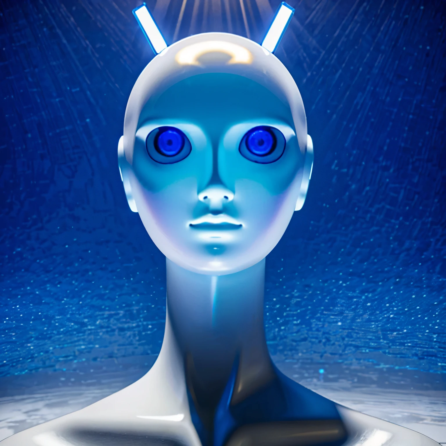 Upper body photo. 1Girl. Surreal photo of an alien otherworldly being with silver metallic skin, bright eyes, and intricate clothing patterns. Perfect eyes, highly detailed beautiful expressive eyes, detailed eyes. Cleavage. Glowing orbs. Background is of an alien planet. Curved landscape. 35mm photograph, film, bokeh, professional, 4k, highly detailed dynamic lighting, photorealistic, raw, rich, intricate details. Photo uses an abundance of silver, blue, grey, black, and white.