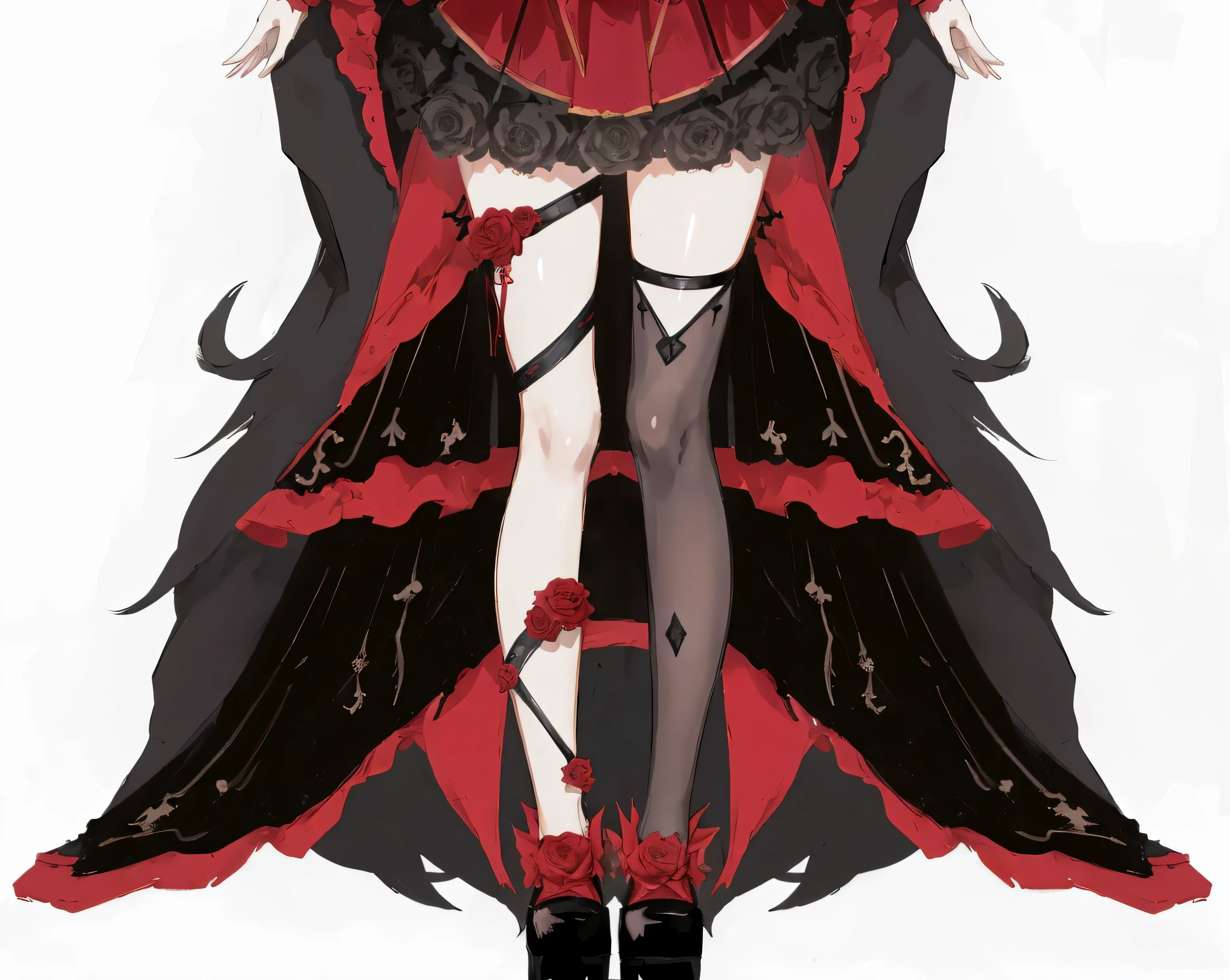 Wearing a red and black skirt、Anime girl with roses in her hair, full body adoptable, 星界witch clothes, Anime full body illustration, witch clothes, Full Body Committee, gothic maiden anime girl, Red and black cape and hoodie, clothing design, black cloak from neck to ankles, high-heels. Anime style from pixiv, ((wearing aristocrat robe))，detail-rich，Clean shape，Sexy leglack spear stockings，tmasterpiece，Hard，Sexy legs