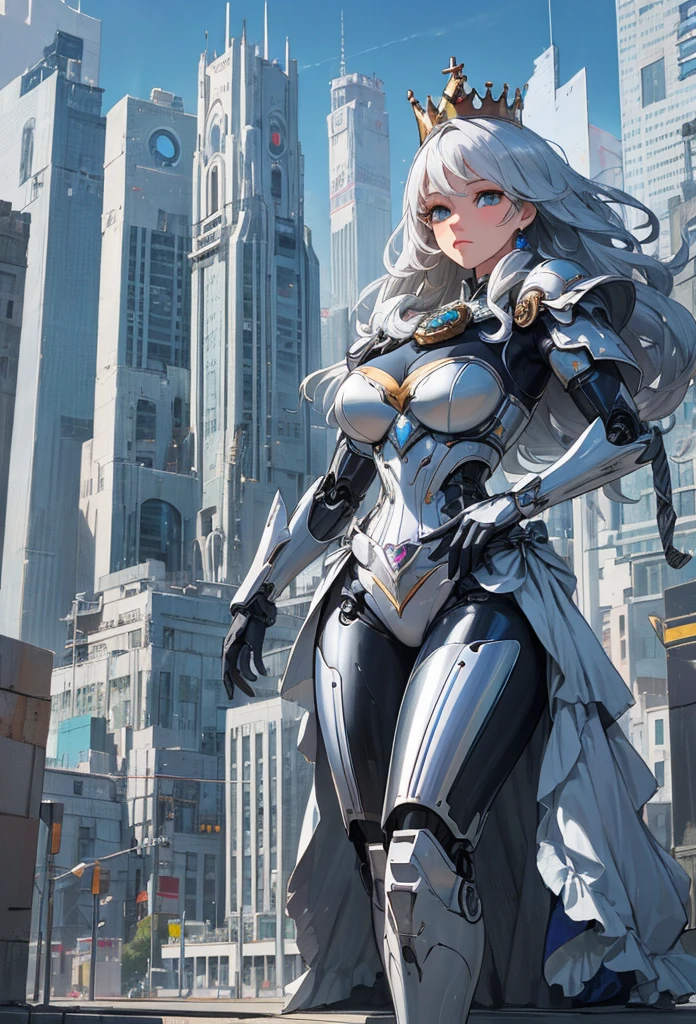 (Detailed illustrations,Very detailed and detailed drawing,Delicate lines with slow and rapid,Realistic texture expression),[Color tressed main line],[Modern city skyscrapers background],(ANIME)(A pure white GIANTROBOT Girl towering over the building area(SKINNY[SLENDER])),[AUTOMATON](A painstaking face like a sculpture[METALFACE[青白く発光するJewel-like eyes]])[(MACHINEKNIGHT)[Titanium internal skeleton](Delicate thin fingers)]],((Elegant exterior with many curved surfaces [smooth body surface])(large crown [[large raised shoulder pad]](Ruffle Petticoat))),[TITANWEAPON[It is called the princess lily of white porcelain]Mecha Body[Metal skin][Cable running down the body surface[gear wheel]]],[Platinum coating],[科幻小说(Electromechanical)[Steampunk]],([beautiful and artistic decoration][Dense detail [White lily pattern]])[Transparency],(detaileds,high-detail),(Precisely drawn face[(Perfect and beautiful face)[Jewel-like eyes]]),[long and beautiful eyelashes],[Meticulously drawn hair [美しく艷やかな髪のdetaileds]],(完璧な手のdetaileds [Beautiful fingers without breakdowns [Beautiful nails]]),(Perfect ???????(Perfectly proportioned)),[Ideal color coordination(Accurate simulation of light-material interactions)],([Precision Detail](detaileds,high-detail)),(Huge feeling[Total length 40 meters])[[Full body like]][Visual art that conveys a sense of narrative].