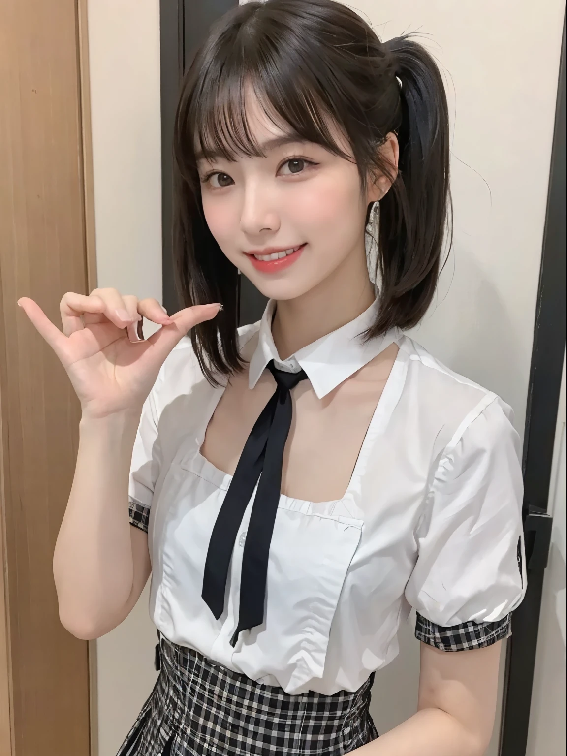 ((top-quality、in 8K、masterpies:1.3))、1girl in、Beautiful woman with slim abs accent:1.3、Super Detail Face、Delicat eyes、二重まぶた、full body Esbian、poneyTail、20yr old、Brown hair、summer clothing、skirt by the、is standing、Holding a bag、A smile、Putting out teeth