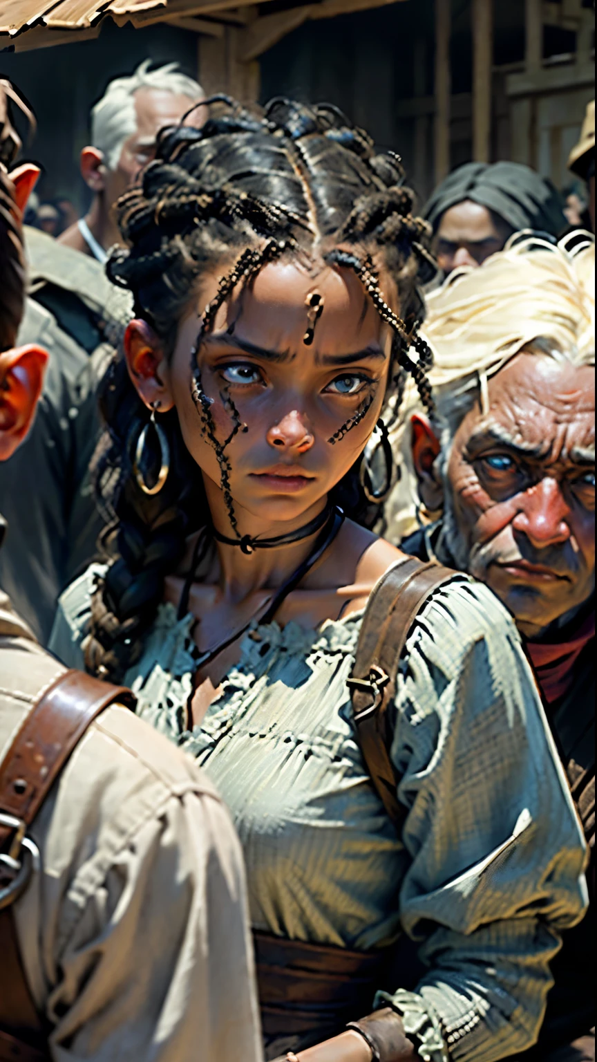 A group of enslaved people, chained and being sold in a marketplace, exquisite detailed eyes, expressive facial expressions, worn-out clothes, desperate and somber atmosphere, dim and dusty lighting, realistic portrayal, oil painting style, vivid colors, bustling crowd, distressed faces, heartbreaking scene, historical context, deep emotions, charcoal sketch-like texture