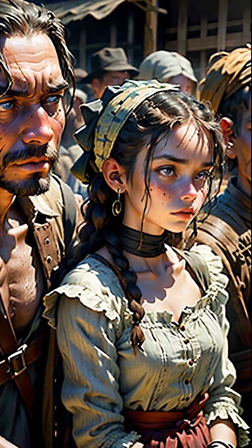 A group of enslaved people, chained and being sold in a marketplace, exquisite detailed eyes, expressive facial expressions, worn-out clothes, desperate and somber atmosphere, dim and dusty lighting, realistic portrayal, oil painting style, vivid colors, bustling crowd, distressed faces, heartbreaking scene, historical context, deep emotions, charcoal sketch-like texture