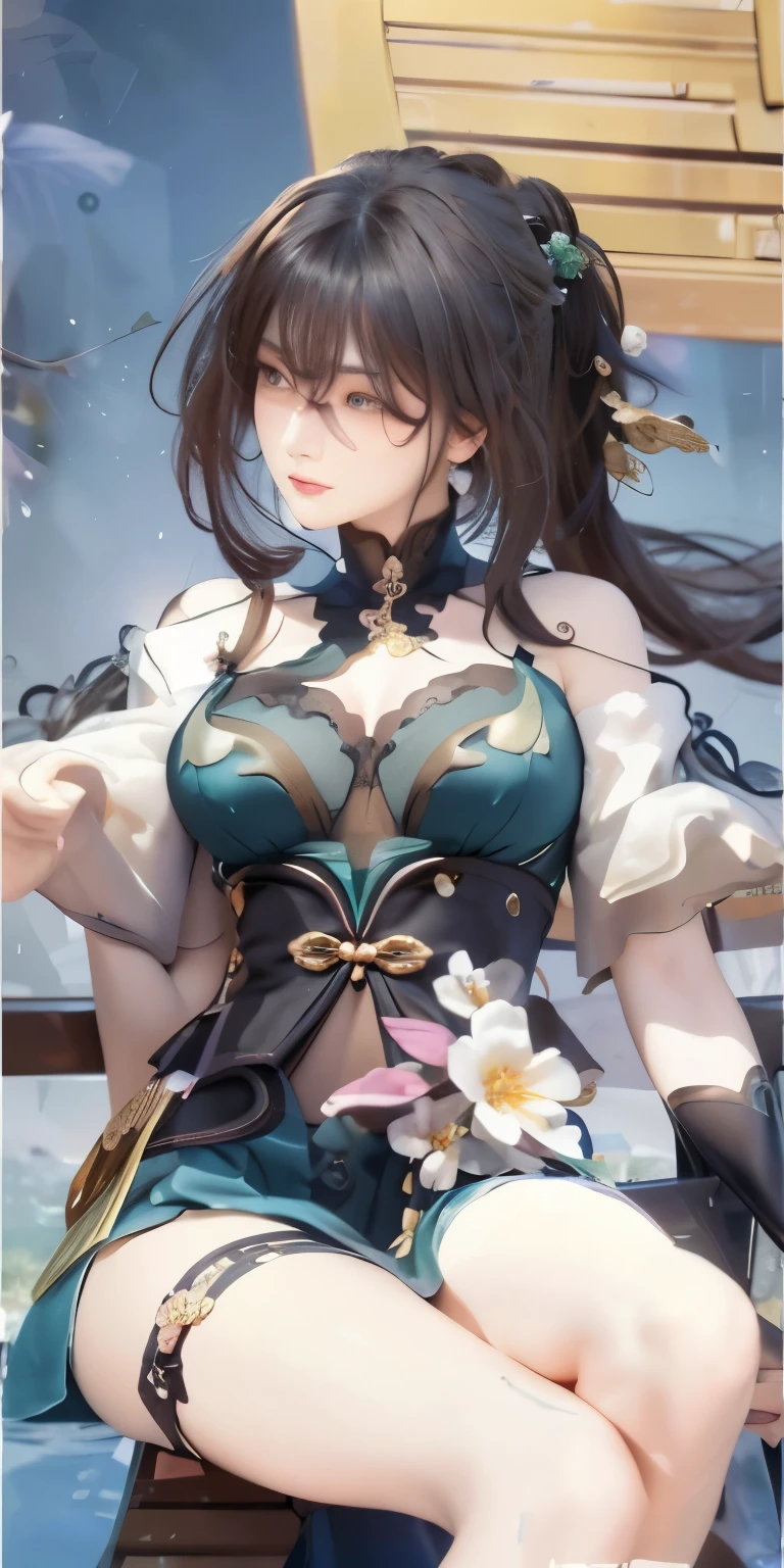 Close-up of a woman in a skirt sitting on a bench, Woman with long hair，Double ponytail hairstyle，mature face，A flower is worn on his head，Put one hand on the stool，One hand up，There are flowers on the waist，Chinese hairpin hair，Green-eyed，Excellent ，There is jewelry on the clothes，a distant face，Indifferent eyes，indifferent expression，half closed eye，beautiful figure，high detal浮世绘，Surreal and dreamy，high detal，Gu Rui'art-style，Each of the five functions has its own characteristics，3d reality，Anime art wallpaper 4k