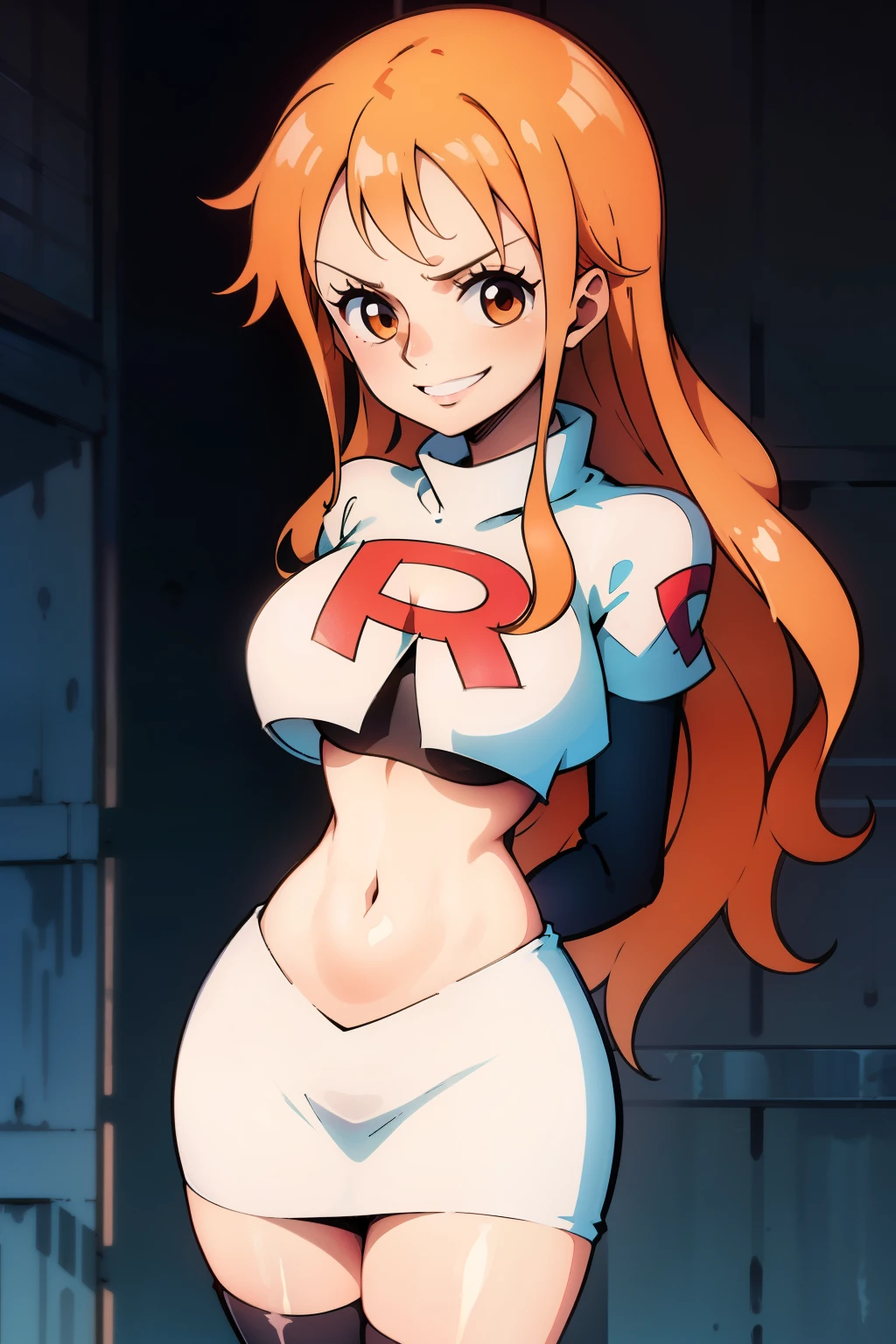 glossy lips, light makeup ,team rocket,team rocket uniform, red letter R, white skirt,white crop top,black thigh-high boots, black elbow gloves, sinister villianess look, looking down on viewer, hands on hips