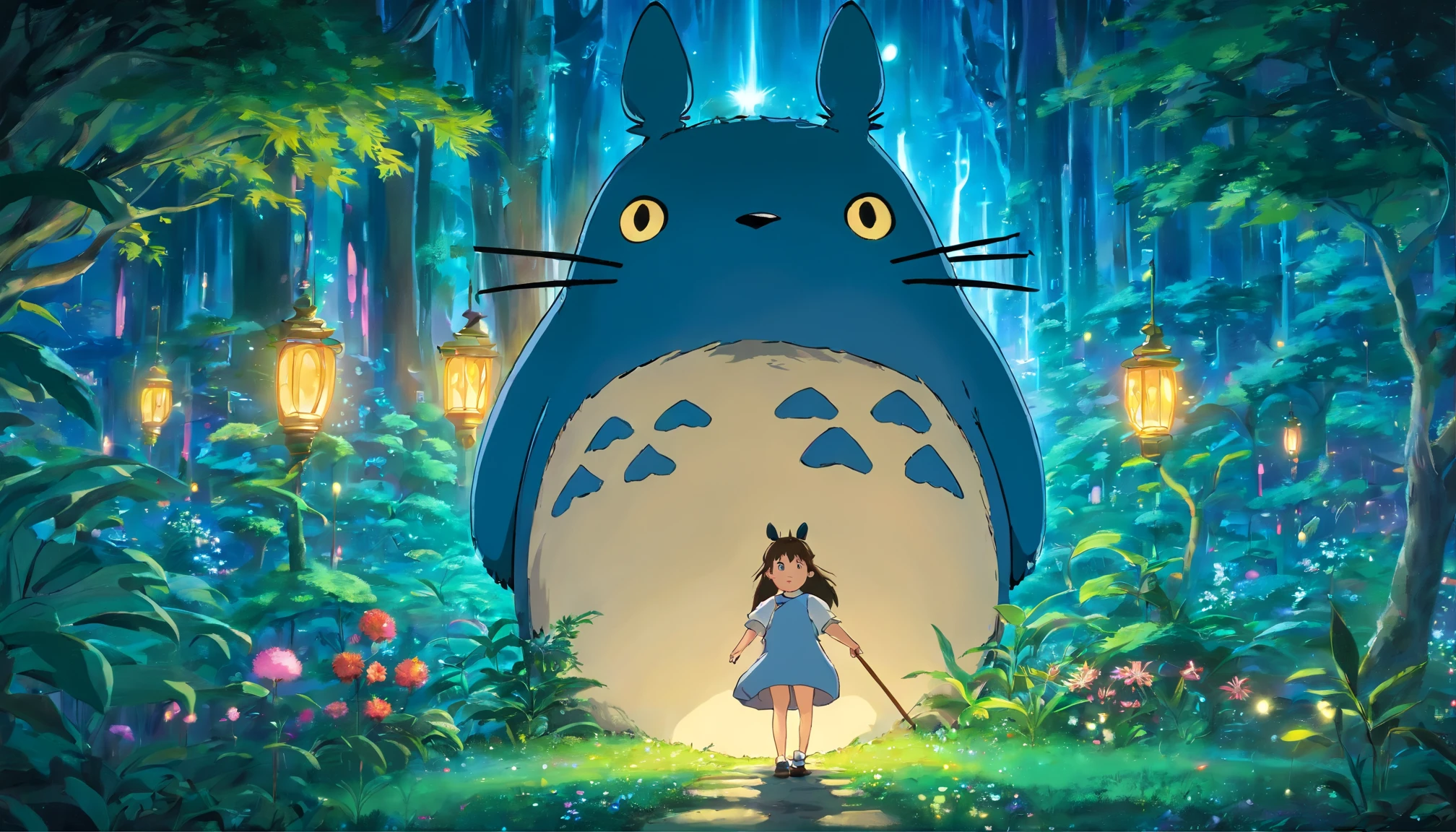 Satsuki and Totoro encountering a magical garden with glowing plants that illuminate the night, creating a dreamlike and fantastical environment, Digital painting, soft and luminescent color palette