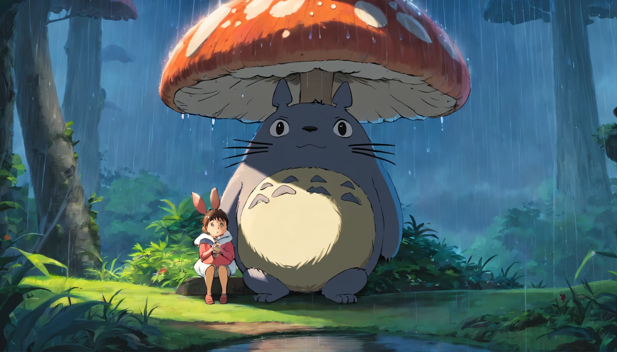 A rainy day where Satsuki and Totoro find shelter under a giant mushroom, surrounded by the soothing sound of raindrops, capturing the cozy and comforting atmosphere of the moment, Digital painting, realistic rain effects and warm lighting