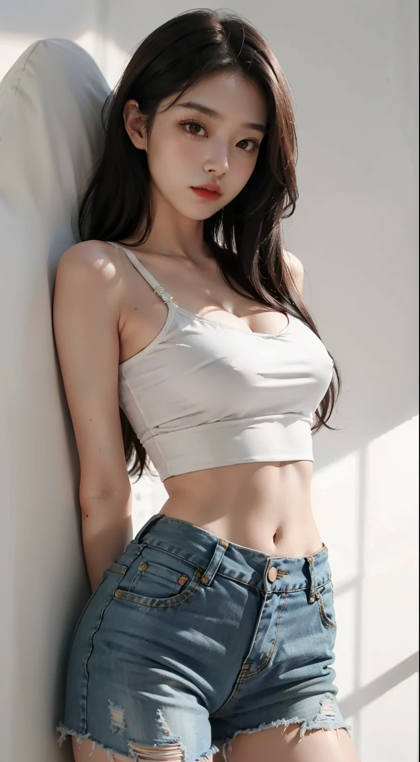 白いbra veryとタイトなデニムで写真を撮る女の子、arm behind back、full bodyesbian、cropped t-shirt、bra very、slim figure、a large bust、Slim girl model、27-year-old female model、