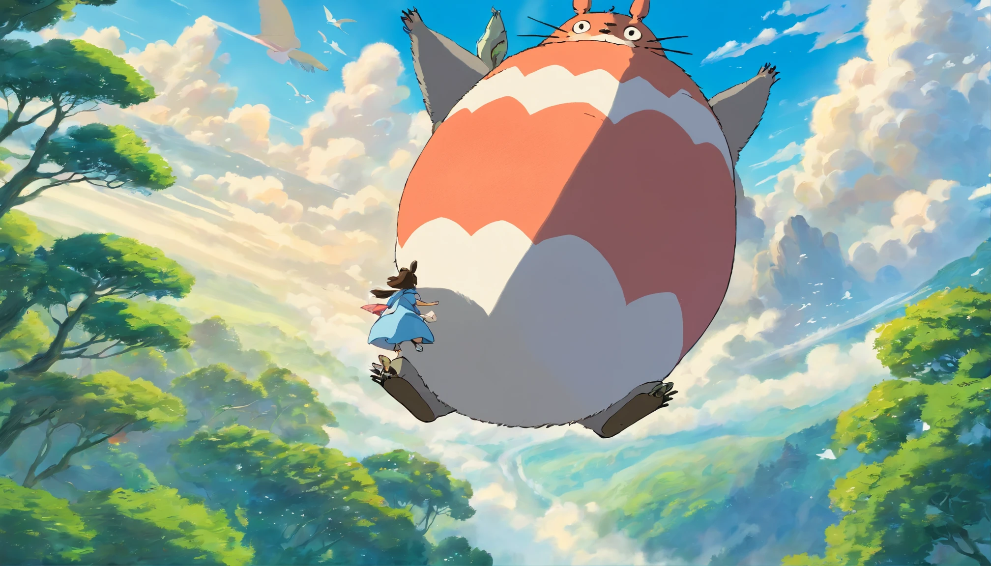 Satsuki and Totoro taking a whimsical journey on the back of a flying Totoro, soaring through the clouds and over treetops, the wind in their hair and expressions filled with pure joy, Digital painting, dynamic composition and vibrant skies
