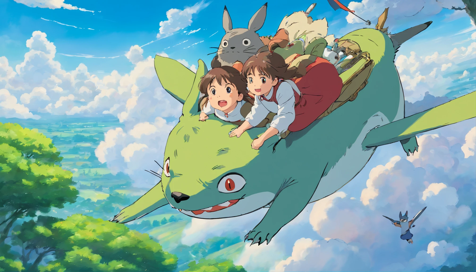 Satsuki and Totoro taking a whimsical journey on the back of a flying Totoro, soaring through the clouds and over treetops, the wind in their hair and expressions filled with pure joy, Digital painting, dynamic composition and vibrant skies