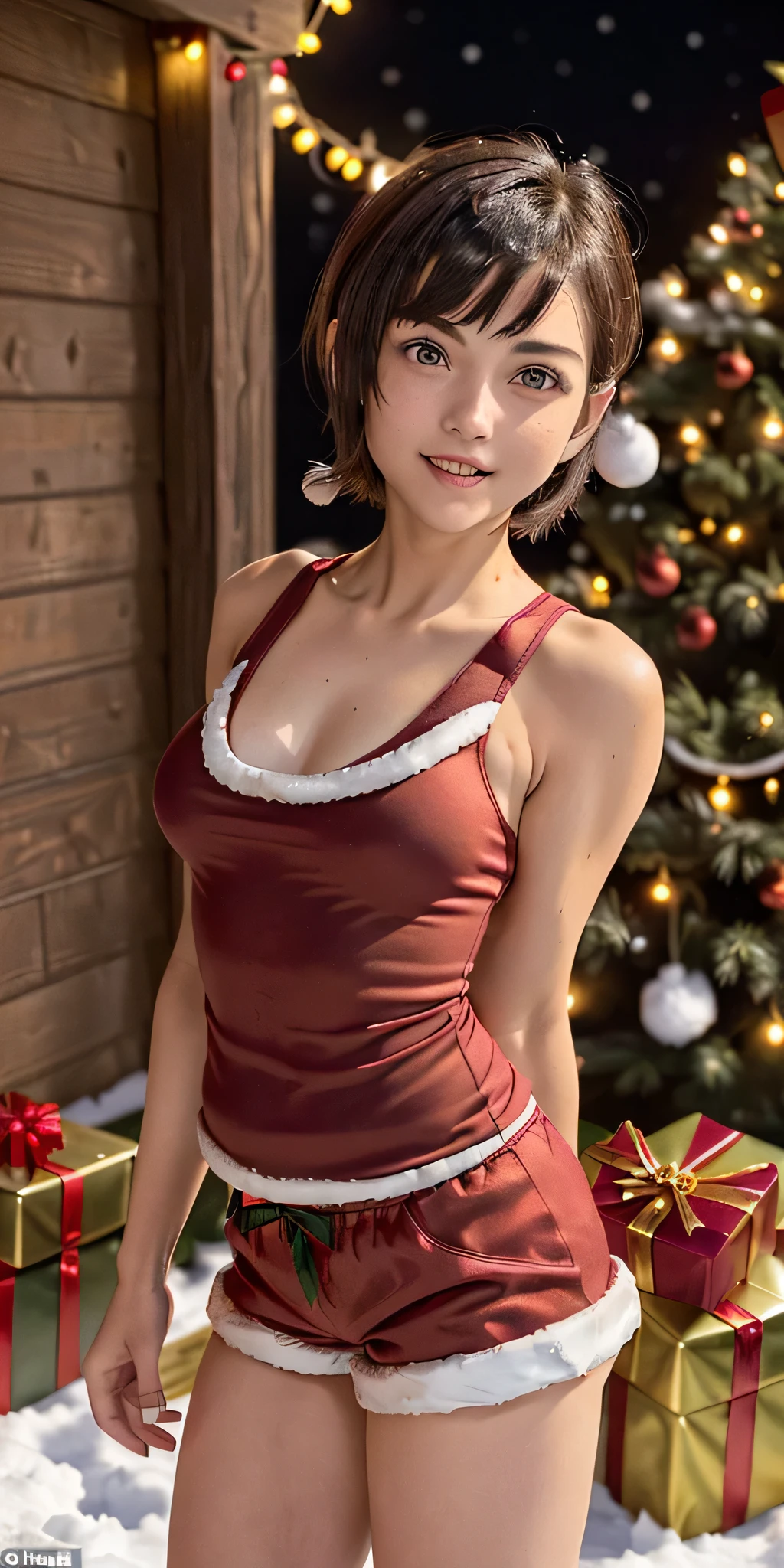 hight resolution, High quality,masutepiece, ((Realistic:1.5, Photorealsitic:1.4, 1 Beautiful Japan Woman, 20yr old, Beautiful Japanese popular gravure idol, Top idols of Japan, Cute woman with short bob hair:1.5)), Solo,　(Santa Clothes:1.5、miniskirt santa claus wear:1.3、Wearing a Santa Claus hat、Beautiful woman cosplaying Santa Claus:2.0、inside in room、Christmas tree、Lovely woman with a smile, pretty hair, Perfect eyes, Perfect tooth alignment, hyperdetailed face,)