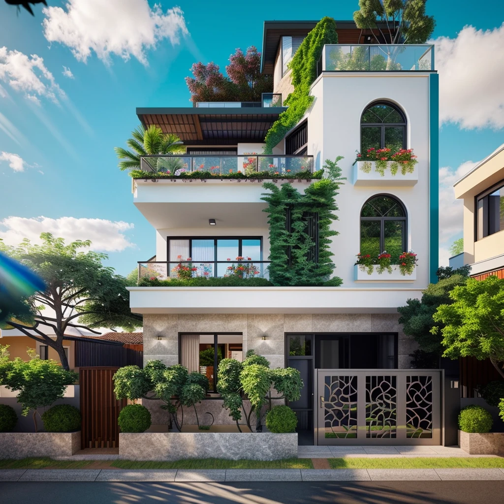 dvArchModern, 85mm, f1.8, portrait, photo realistic, hyperrealistic, orante, super detailed, intricate, dramatic, sunlight lighting, shadows, high dynamic range, house, masterpiece,best quality,(8k, RAW photo:1.2),(( ultra realistic)), modernvilla, blackandwhite, trees, vine, architecture, building, cloud, vivid colour, masterpiece,best quality,super detailed,realistic,photorealistic, 8k, sharp focus, a photo of a building