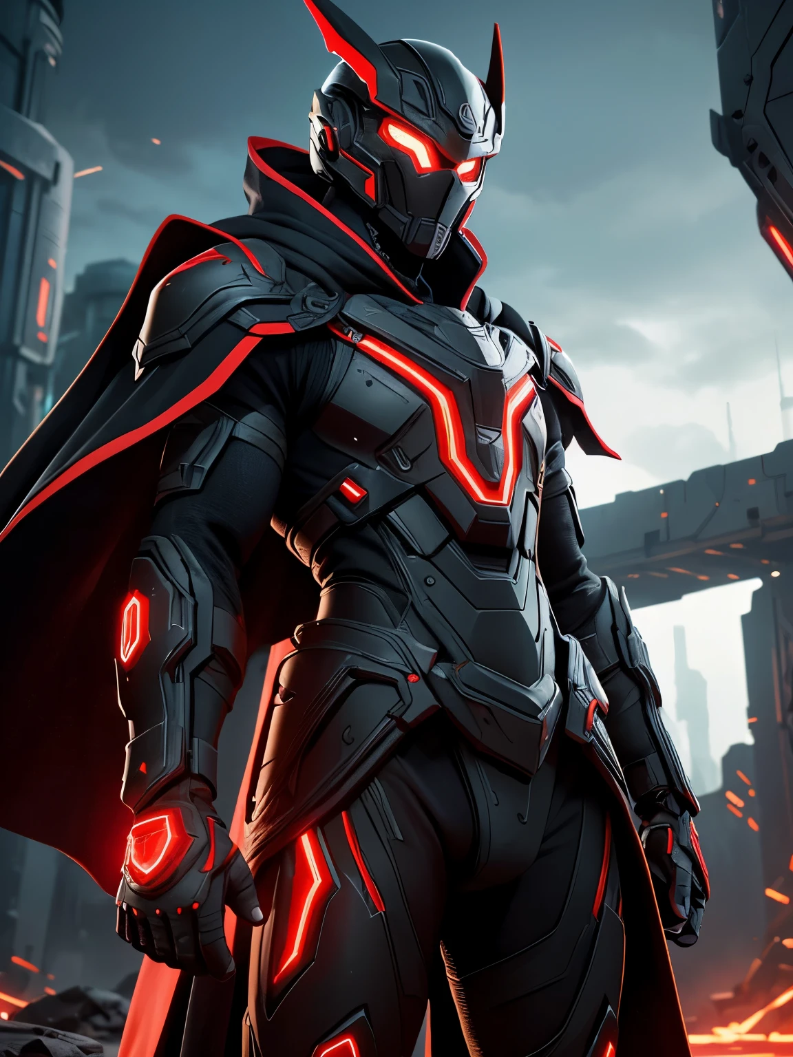 In a (dystopian realm), a formidable male soldier in exo (Red and black color) suit emerges clad in sleek and battle-worn armor, adorned with glowing circuitry. (Draped in a tattered gold cloak that billows in the wind), this enigmatic machine possesses an aura of mystery and power, blending the elements of (futurism and desolation). high image quality, ultra realistic, detailed, intricate, ornate, futuristic, cinematic lighting, extreme details, cinematic, masterpiece,