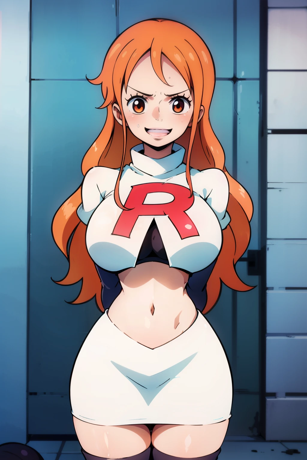 orange hair, long hair ,glossy lips, light makeup ,team rocket,team rocket uniform, red letter R, white skirt,white crop top,black thigh-high boots, black elbow gloves, evil smile, arms behind back