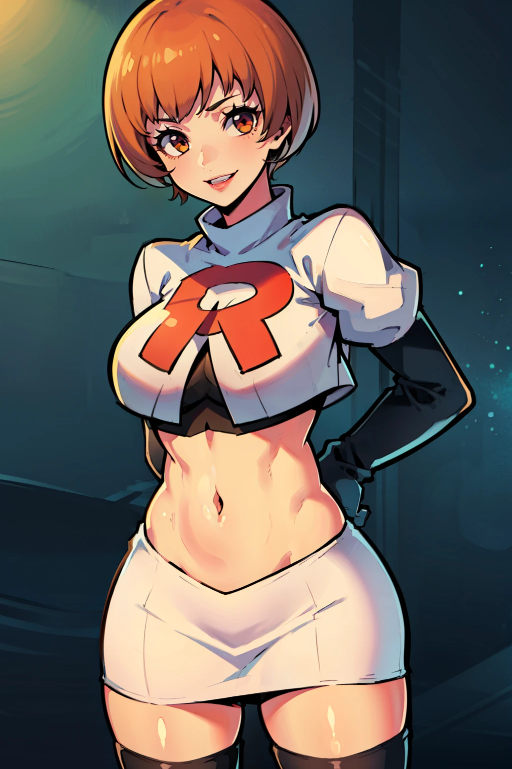 satonaka chie ,glossy lips, light makeup ,team rocket,team rocket uniform, red letter R, white skirt,white crop top,black thigh-high boots, black elbow gloves, evil smile, arms behind back