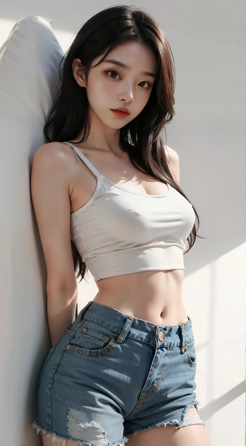 白いbra veryとタイトなデニムで撮る女の子、arm behind back、full body Esbian、Cropped T-shirt、bra very、slim figure、a large bust、Slim Girl Model、27-year-old female model、Korea person