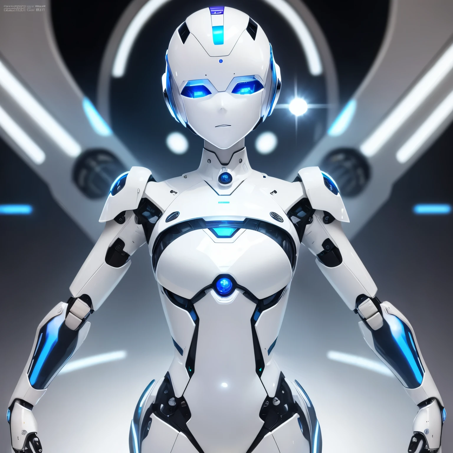 masterpiece, robot, streamlined, iridescent white shiny body, one blue sparkling eye