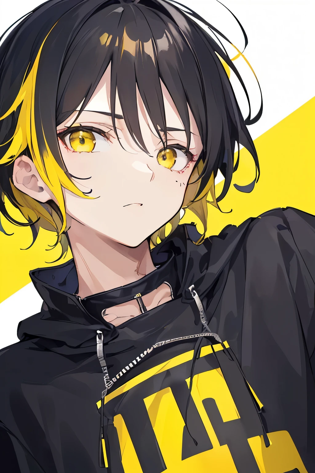 ((Best Quality)), ((masutepiece)), ((Perfect face)), ((cute face boy)), ((cool expression)), ((A dark-haired)), ((Yellow inner color)), ((black, yellow is the image color)), ((face pic up Only)), ((twinks)), ((Calm)), ((bangss)), ((despise)), ((simple)), ((one boy)), ((looking at the camera), ((Fashionable clothes)), ((front))