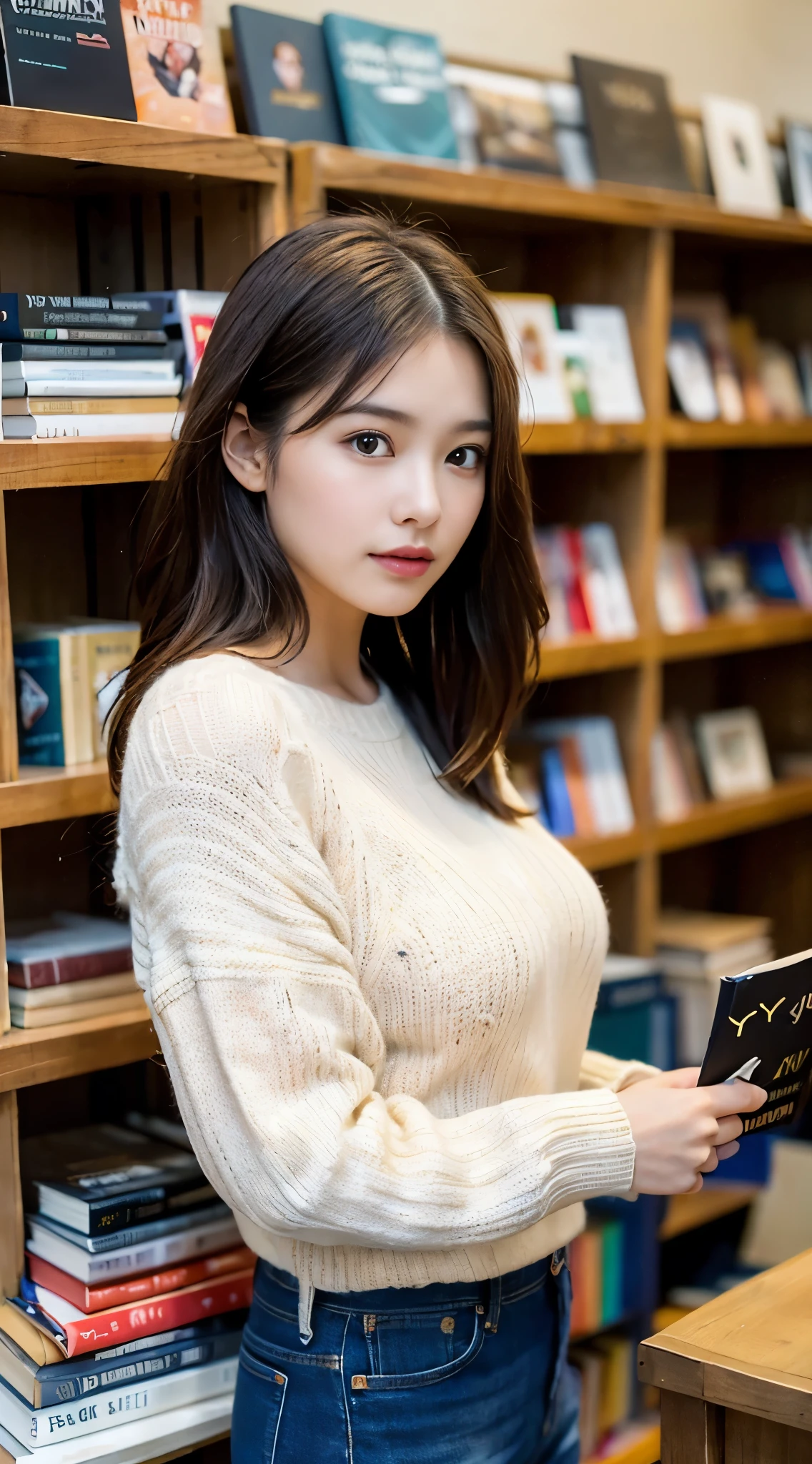 Seed value 4127110832,((ung and beautiful girl: 1.4)),(8K, Raw photography, Best Quality, masutepiece: 1.2),Cinematic Light,Brown hair,Beautiful detailed eyes,Huge breasts, Light makeup,(Detail Face:1.3),(Thoughtful look),(cozy sweater and jeans:1.3),(bookstore with shelves of books:1.3),(browsing books:1.3),(From the side)