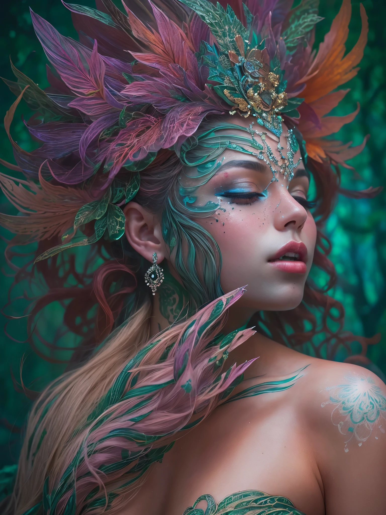 In this stunning image, we see a captivating Forest Nymph portrayed as beautiful and youthful. Her green skin suggests her connection to nature. The unique armor she wears is composed of a parasitic plant that grows from her, showcasing her symbiotic relationship with the environment. The nymph's forehead is adorned with vibrant green tattoo lines that emanate an enchanting green glow, adding an otherworldly allure. On the left hand, intricate white tattoo lines shimmer and radiate with a pure, celestial brilliance. Contrasting elegantly, the tattoo lines on the right hand gleam with a mesmerizing blue luminescence, evoking a sense of tranquility and serenity. The nymph's graceful form reveals lines on her back that emit a passionate, fiery red glow, hinting at an inner power.This captivating image, it be a dazzling a mesmerizing photograph, is of outstanding quality, capturing each radiant detail. The intricacy and vividness of the nymph's luminou.