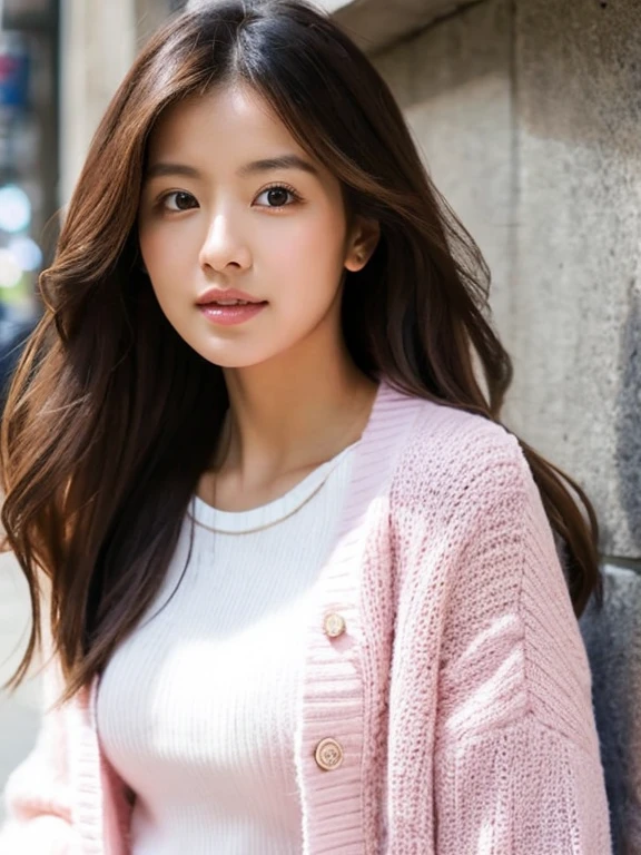 Please change this woman's style as follows. Her hair is in a ponytail, a white open-front blouse, and a pink lambswool cardigan.
The woman's occupation is a psychological counselor. Realistic, masterpiece, best quality