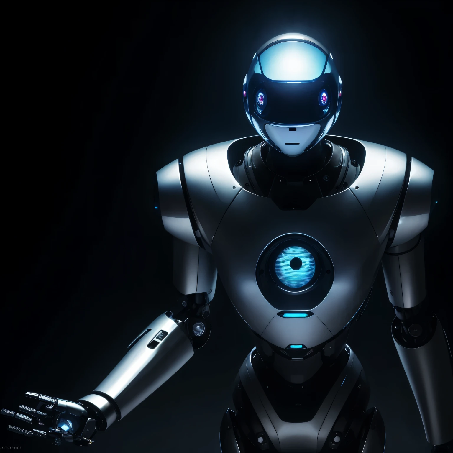 masterpiece, robot, streamlined, iridescent white shiny body, one blue sparkling eye