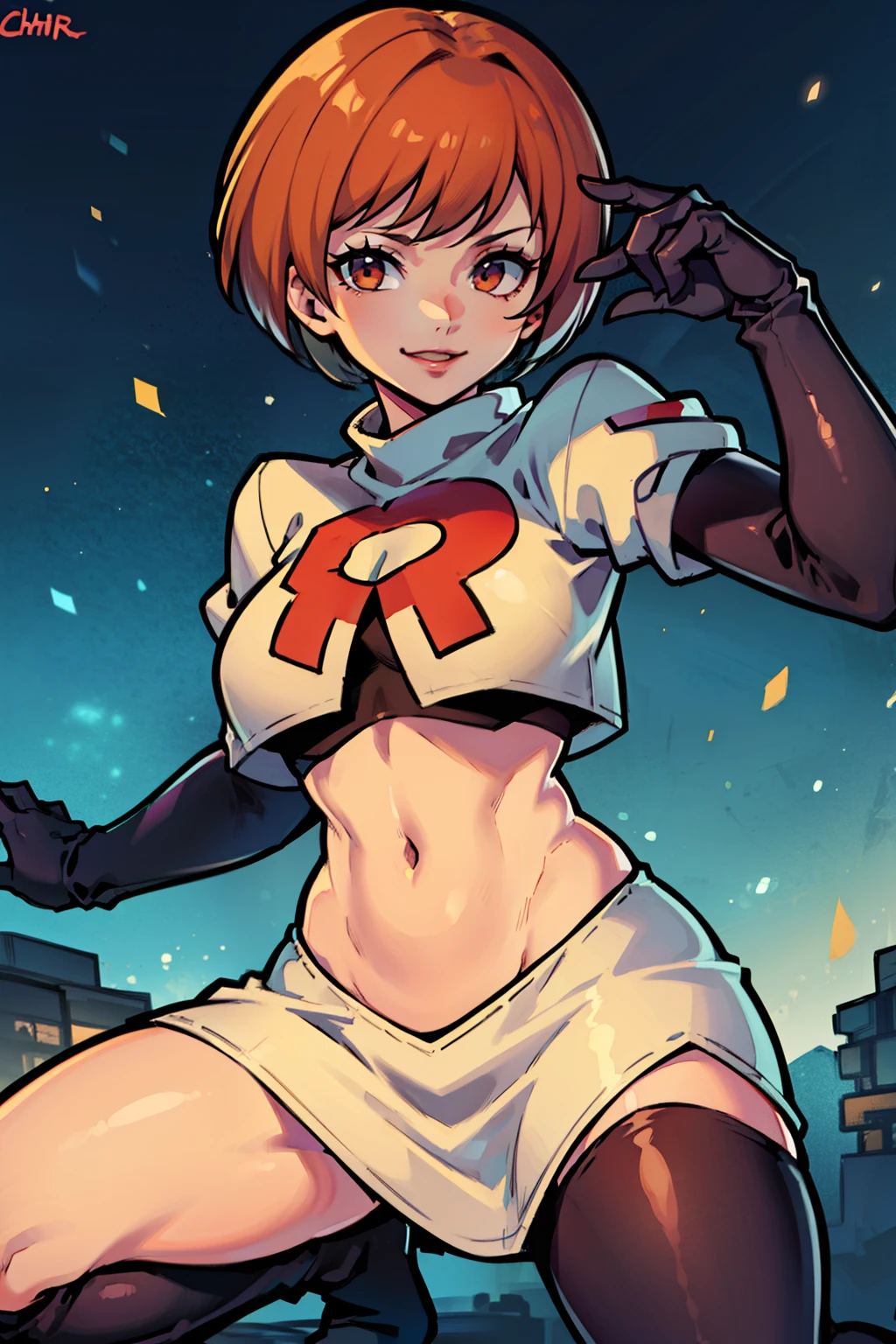 satonaka chie ,glossy lips, light makeup ,team rocket,team rocket uniform, red letter R, white skirt,white crop top,black thigh-high boots, black elbow gloves, evil smile