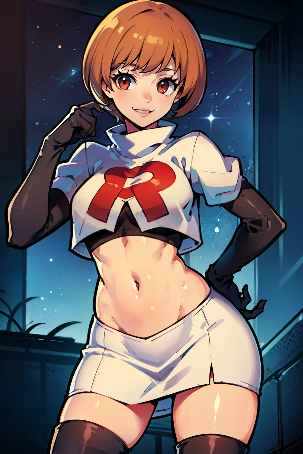 satonaka chie ,glossy lips, light makeup ,team rocket,team rocket uniform, red letter R, white skirt,white crop top,black thigh-high boots, black elbow gloves, evil smile