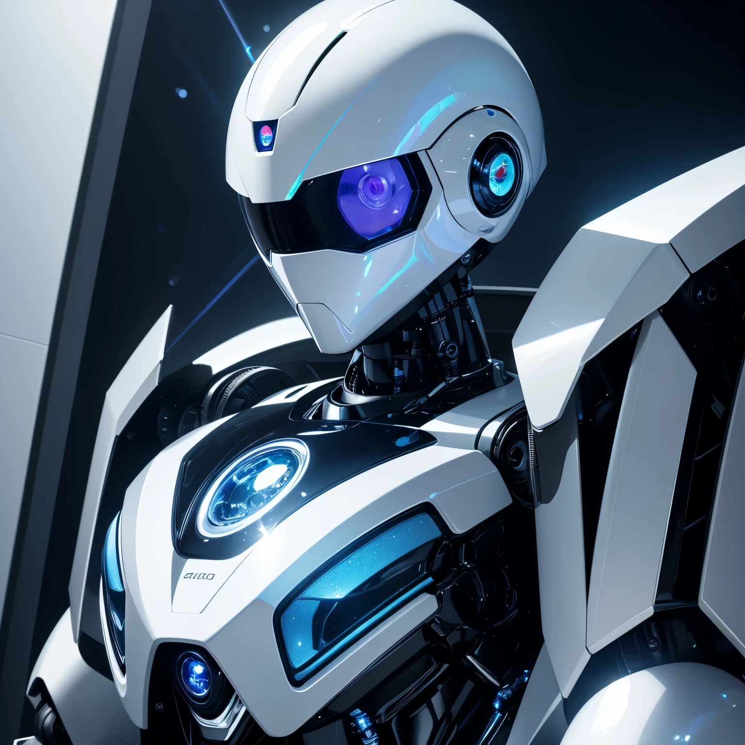 masterpiece, robot, streamlined, iridescent white shiny body, one blue sparkling eye