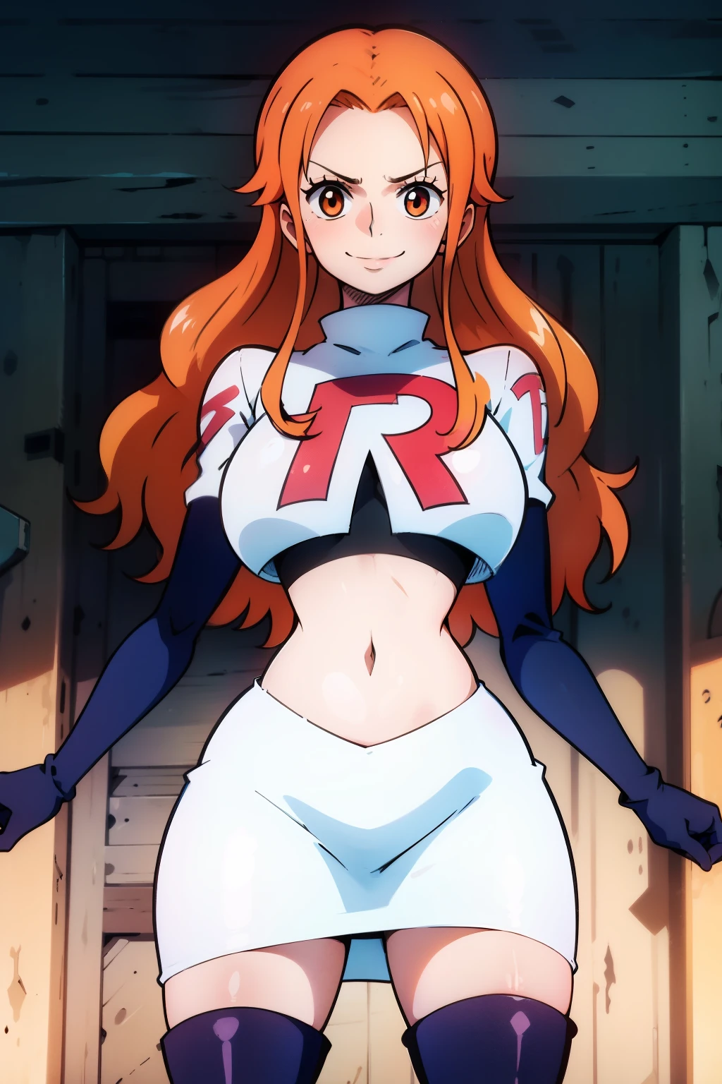 orange hair, long hair ,glossy lips, light makeup ,team rocket,team rocket uniform, red letter R, white skirt,white crop top,black thigh-high boots, black elbow gloves, evil smile. closed mouth