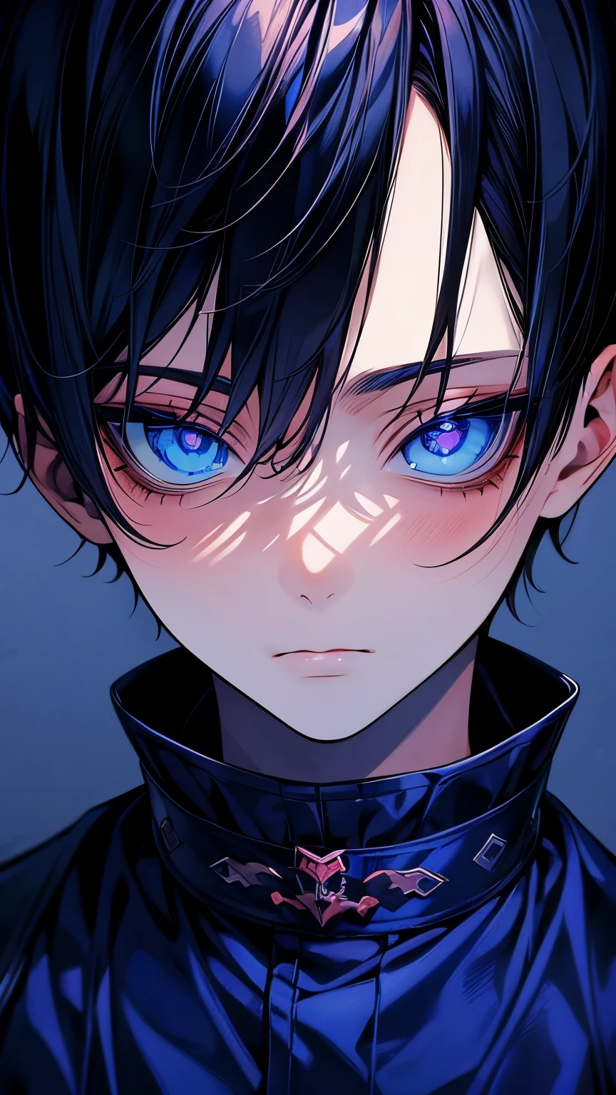 (masutepiece), (Best Quality), Highly detailed, 1 boy, Solo Focus,Perfect face, Beautiful face, extra detailed face,(A dark-haired:1.3),(blue eyess:1.3),Boy's room,