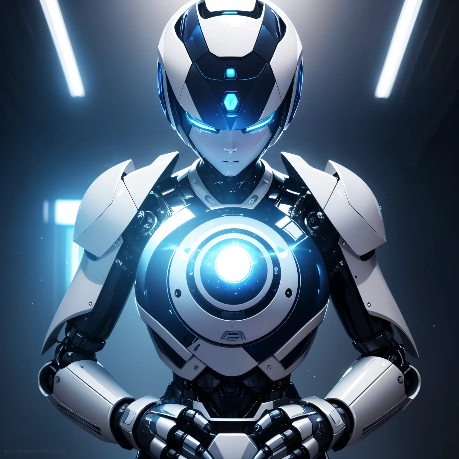 masterpiece, robot, streamlined, iridescent white shiny body, one blue sparkling eye
